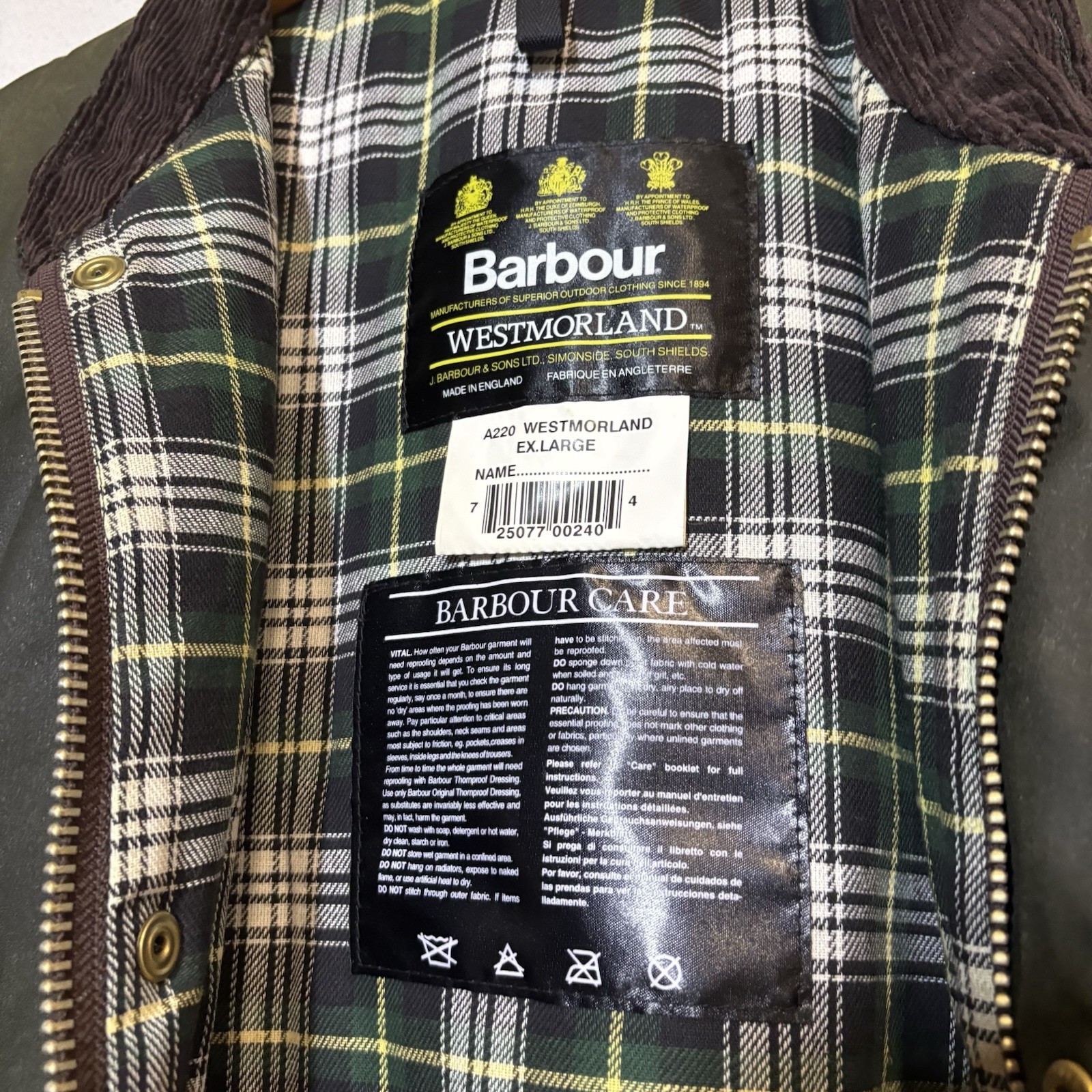 BARBOUR – A22O WESTMORLAND WAX COTTON VEST SAGE MADE IN UK Size XL Rare Zip Up