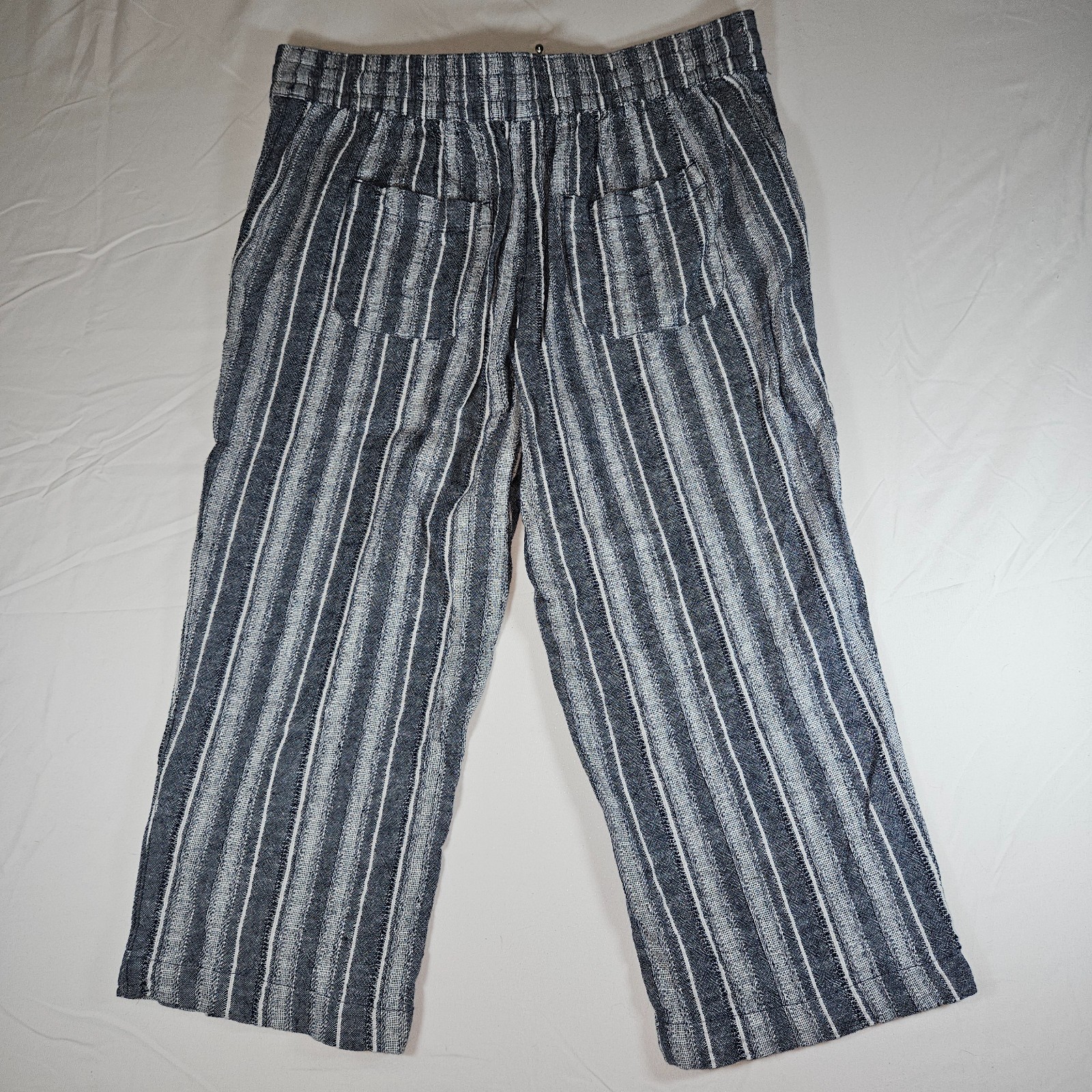 da-sh Linen Blend Striped Crop Pants Medium Blue White Drawstring Coastal Casual
