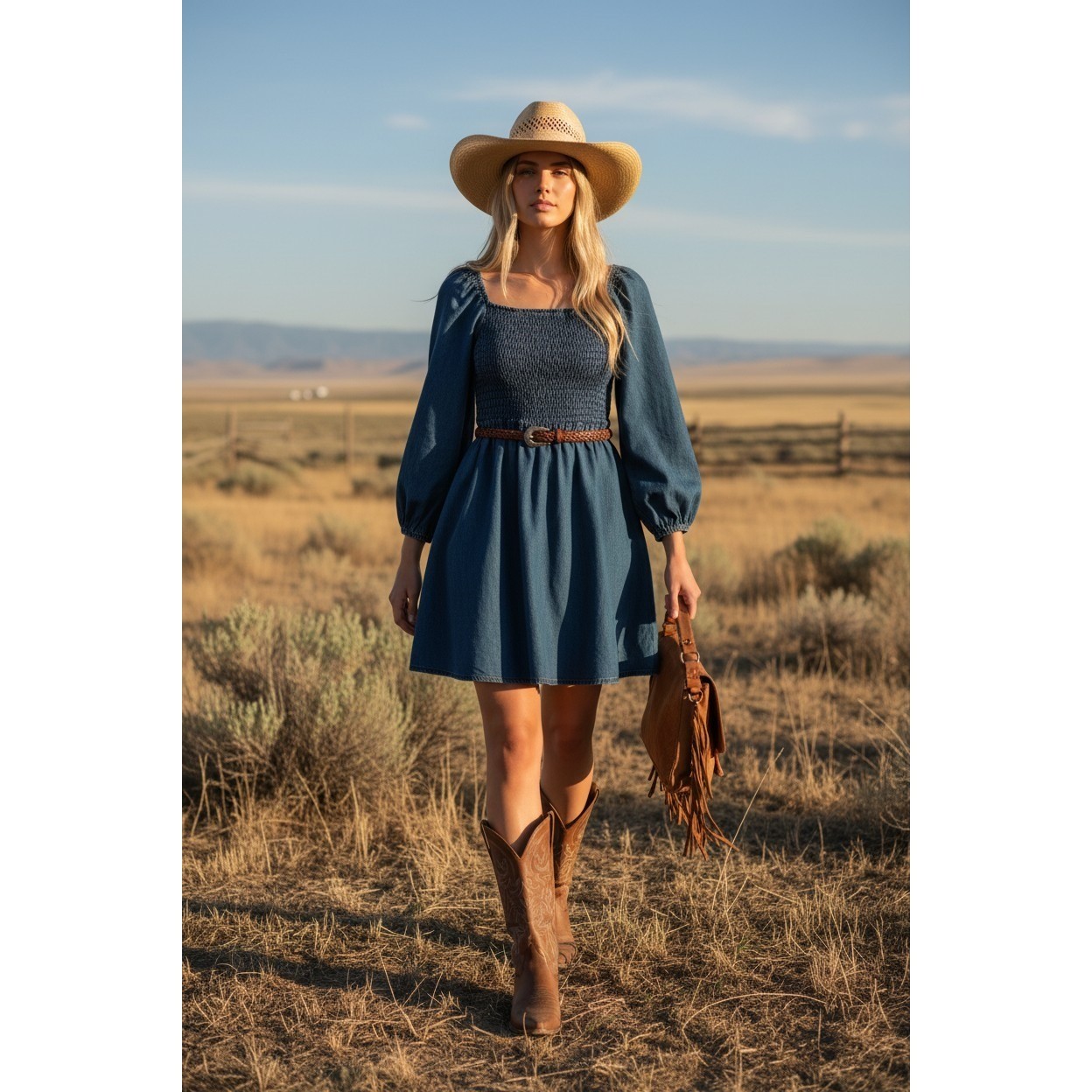 Wrangler Retro Blue Chambray Denim Smocked Puff Sleeve Western Mini Dress L NWT