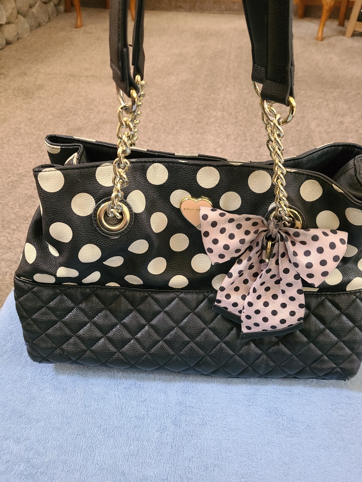 Betsey Johnson Large Black & Ivory Polka Dot Bow Quilted Chain Strap Purse Bag