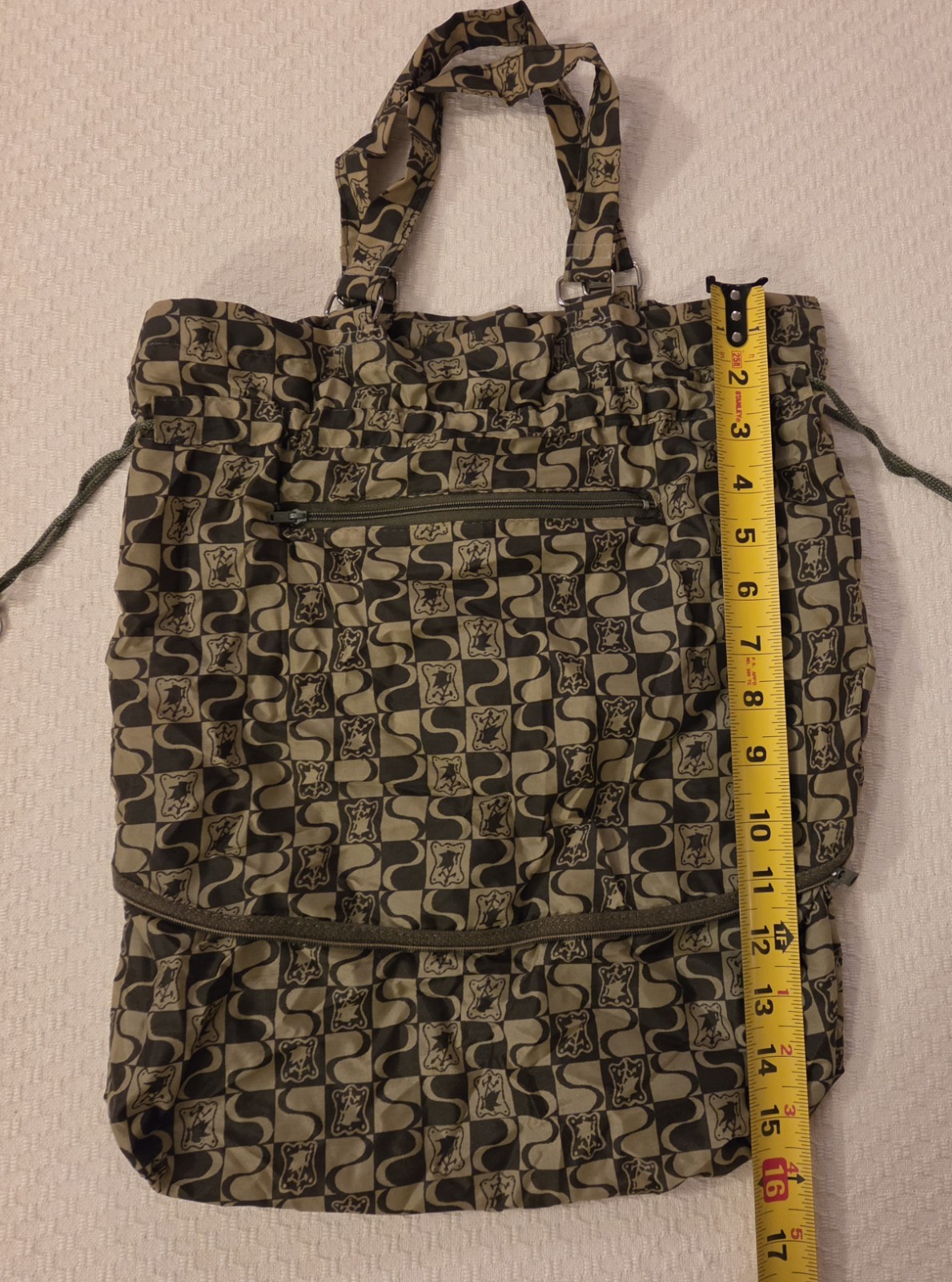 Portable Tote Drawstring Bag Zips Into Self Carry In Purse Or Car 16×13 To 7×4