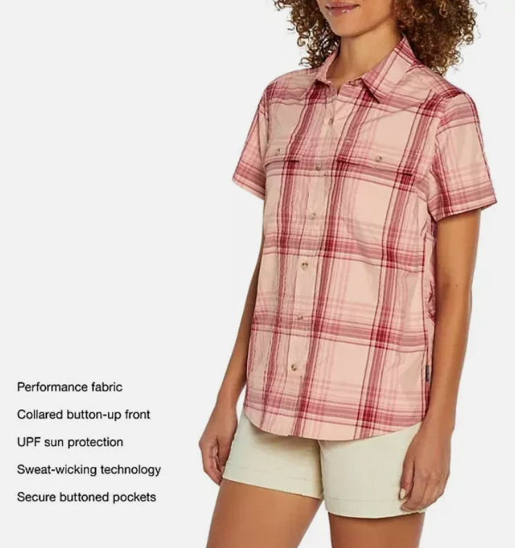 Eddie Bauer Ladies Short Sleeve Adventure Top, Large, Peach Starling Plaid