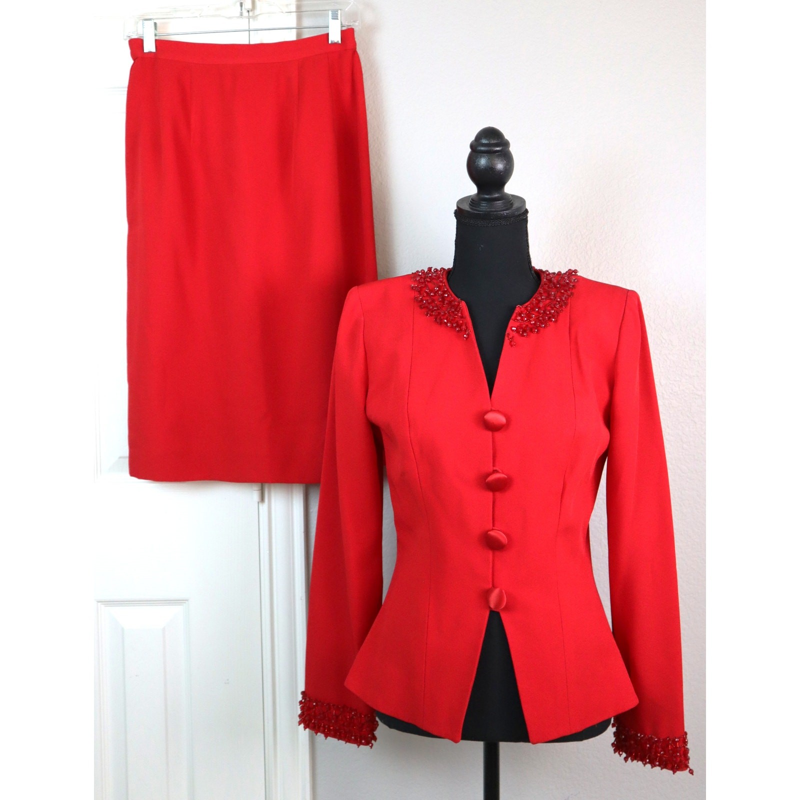 Vintage 80s 90s Rimini Red Skirt Suit Set Beaded Satin Buttons Formal Cocktail 6