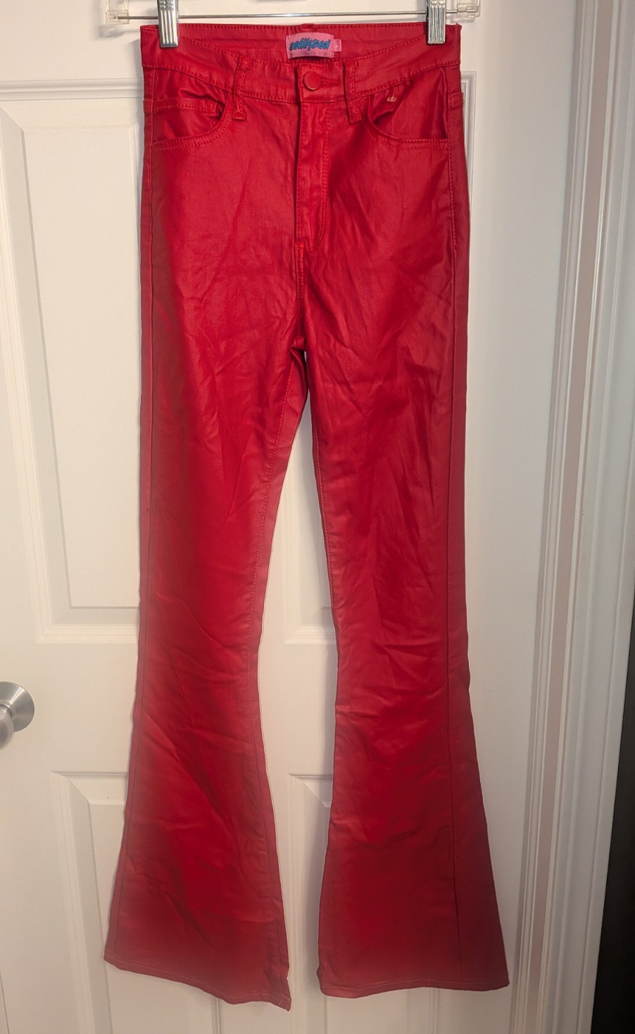 edikted Women’s Red Flare Pants Leather-look Slim Fit Pockets Size S
