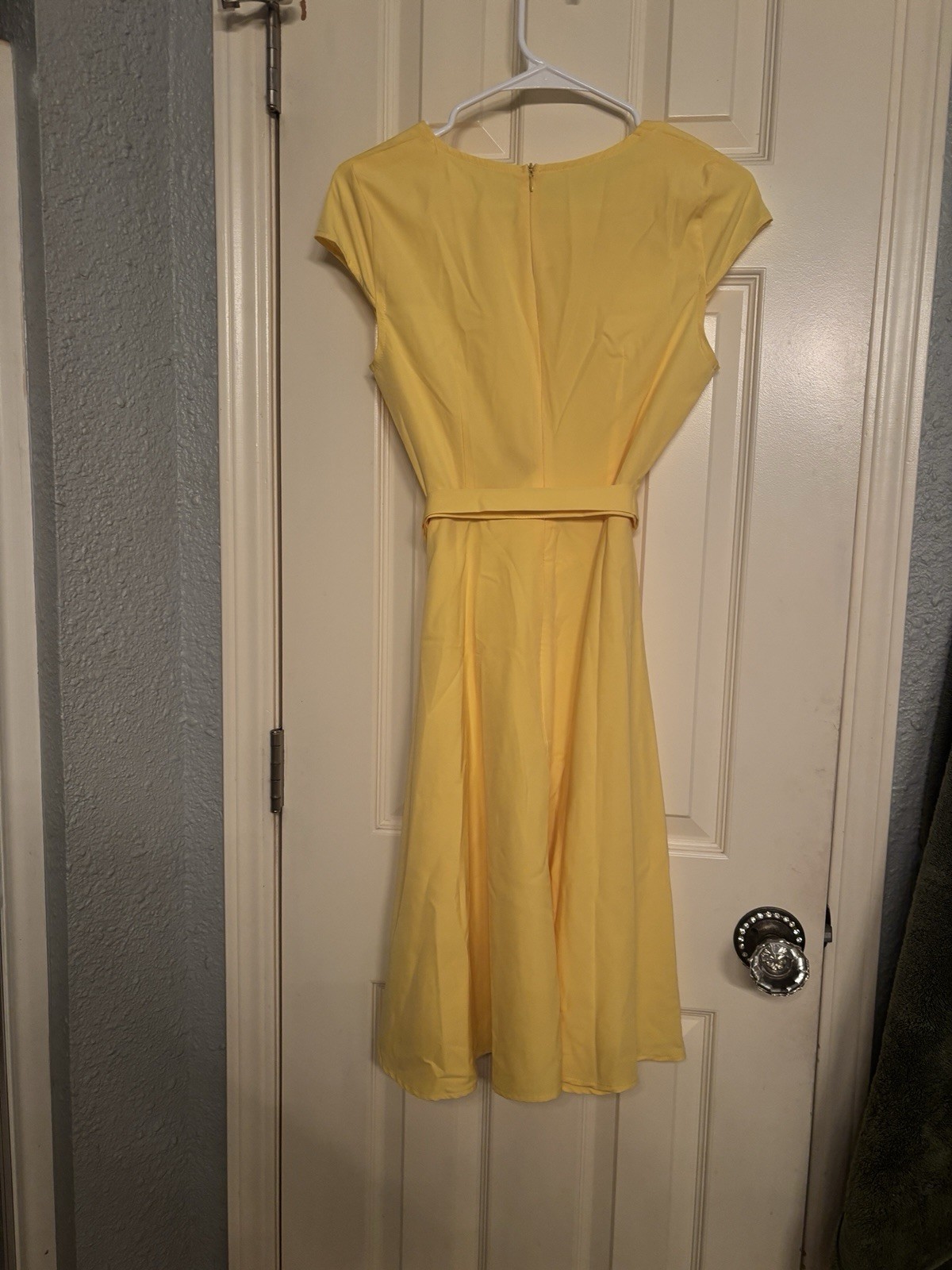 Yellow 100% Cotton A-Line Knee Length Cap Sleeve Round Neck Bow Belt Dress S