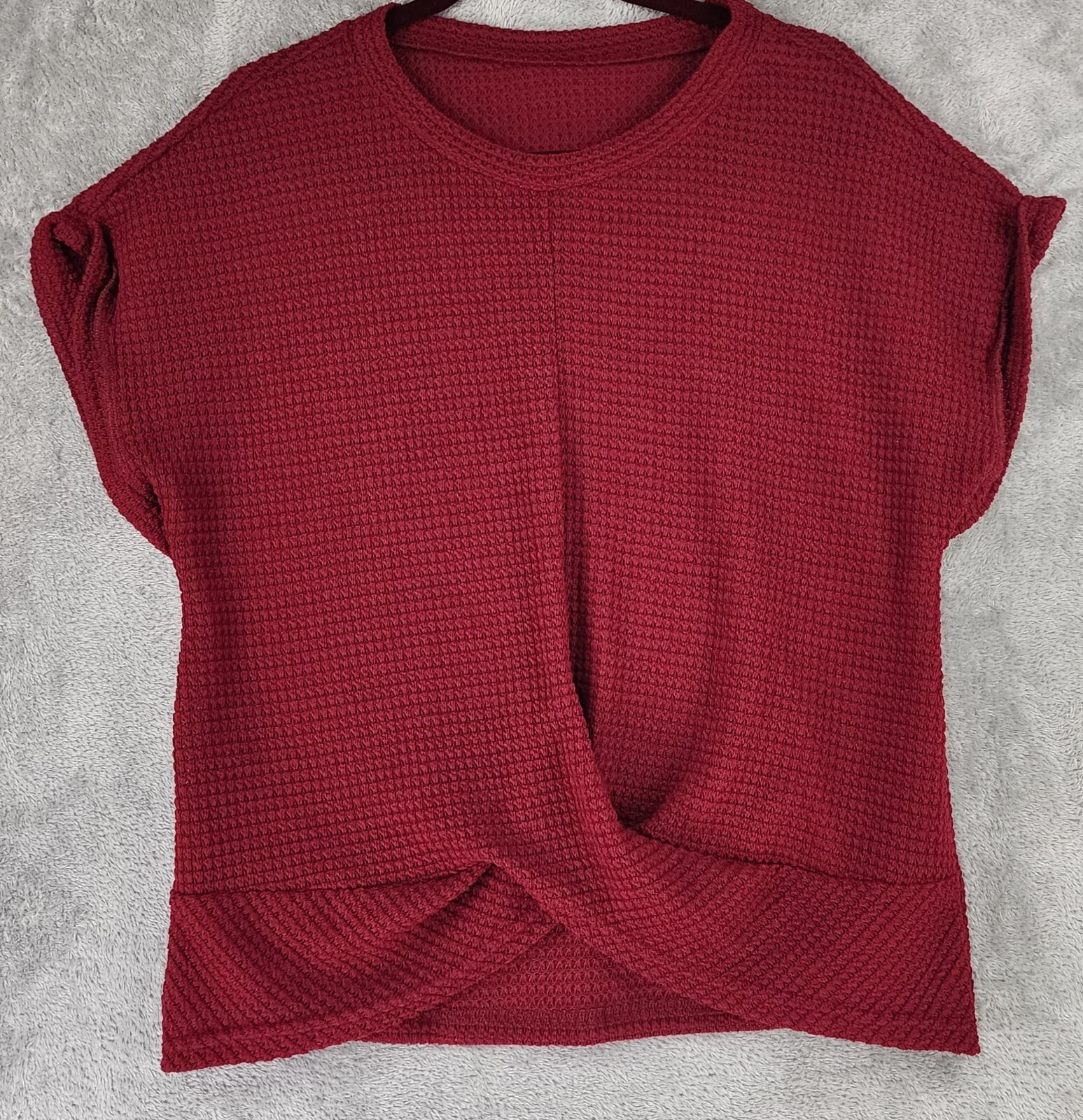 Womens Shirt Large Maroon Knit Cross Wrap Hem Batwing Short Sleeve Casual Top