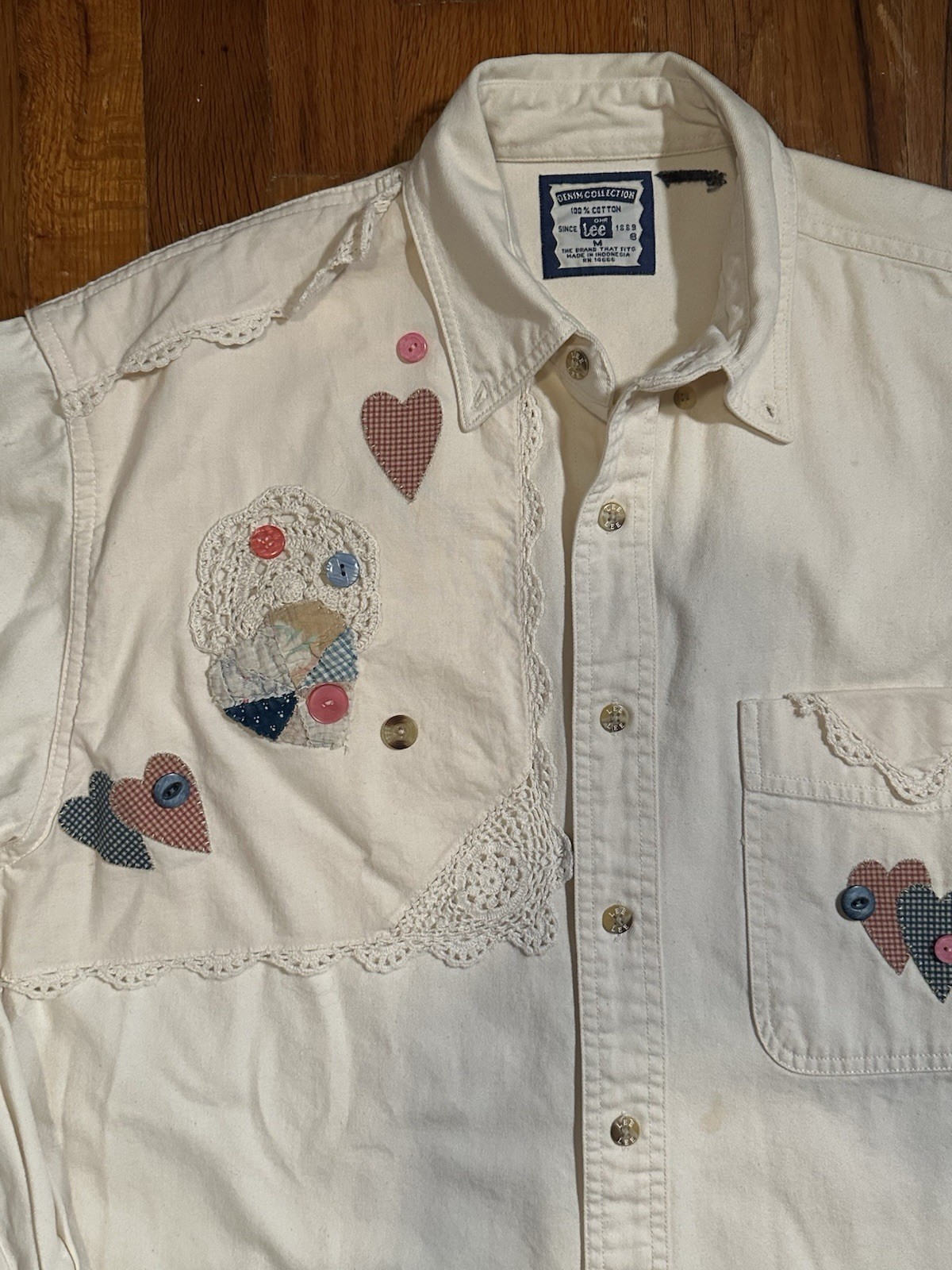 Vintage Lee Cottagecore Patchwork Heart Lace Button Shacket Folk Art Prairie M