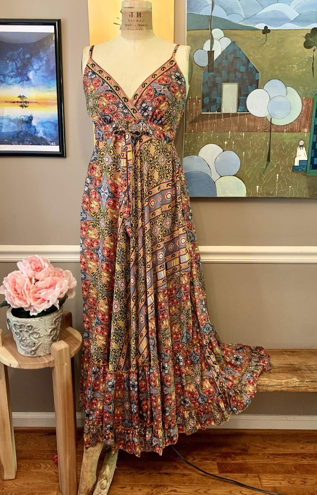 Boho Patchwork Maxi Dress Earth Tone Ruffle Festival Medium Soft Fabric