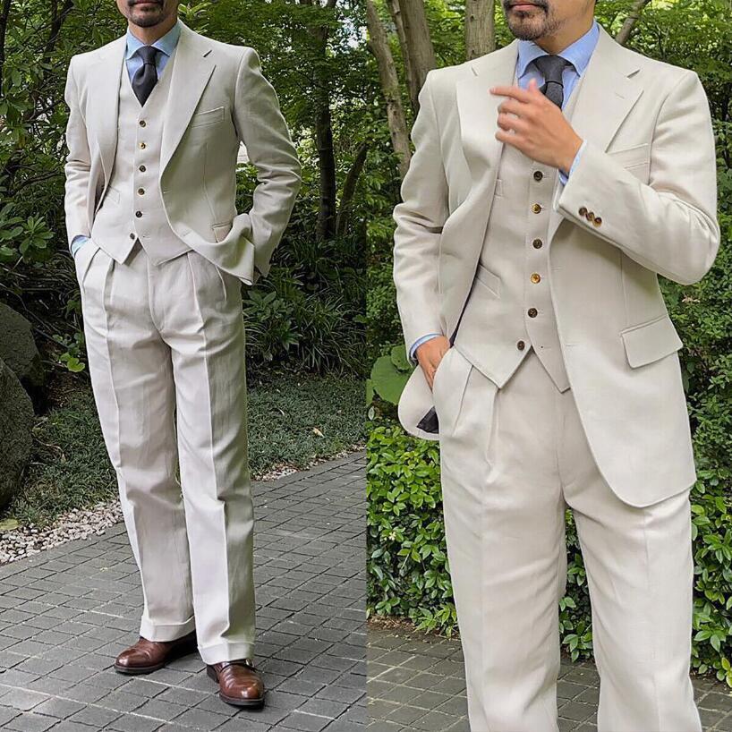 Men Beige Linen 3 Piece Suit Notch Lapel Summer Wedding Business Outfit