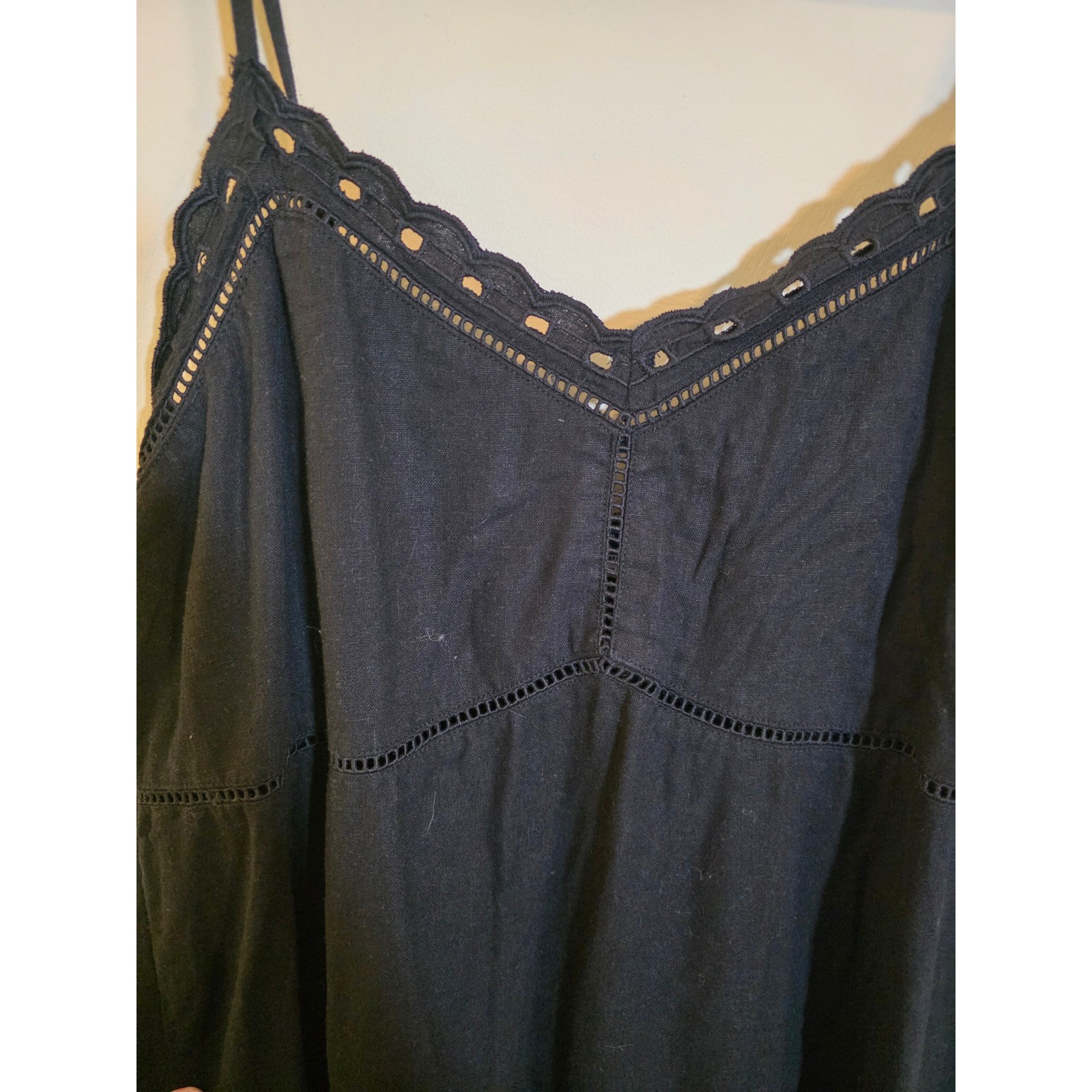 Old Navy Black Linen Blend Eyelet Hem Midi Slip Dress XL Smocked Back SP24/M04