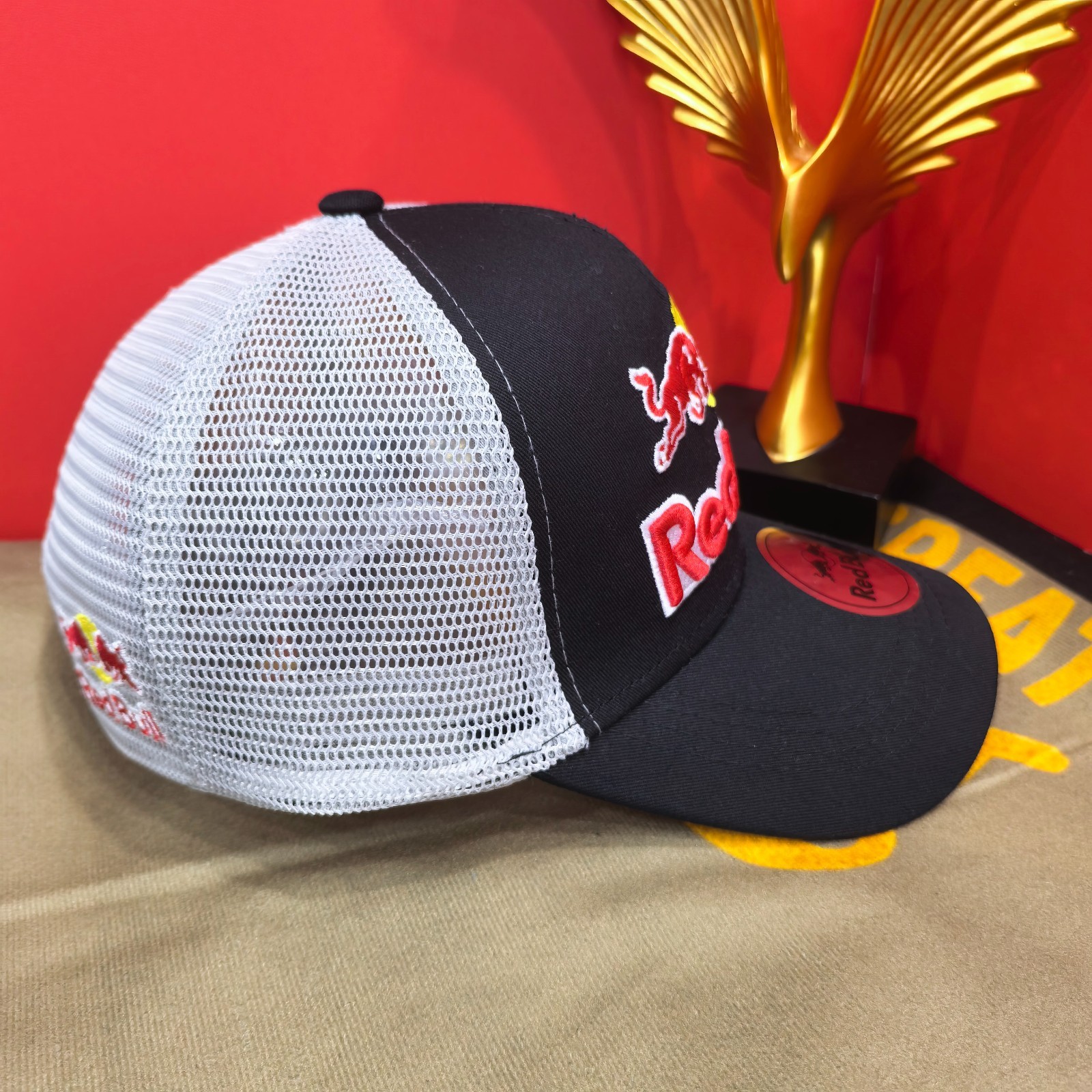 Red Bull Black Adjustable Baseball Cap with White Back Mesh Design