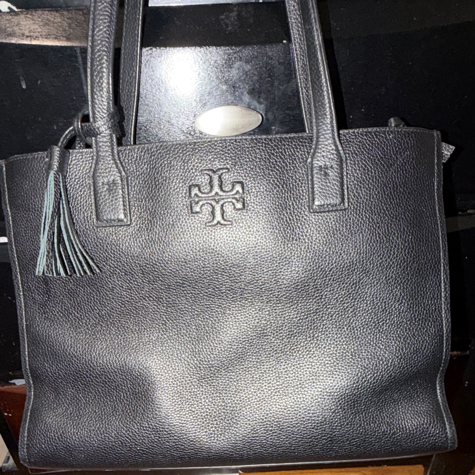 Tory Burch Large Black Pebbled Logo Tote Zip Top Tassel Charm Gold HW