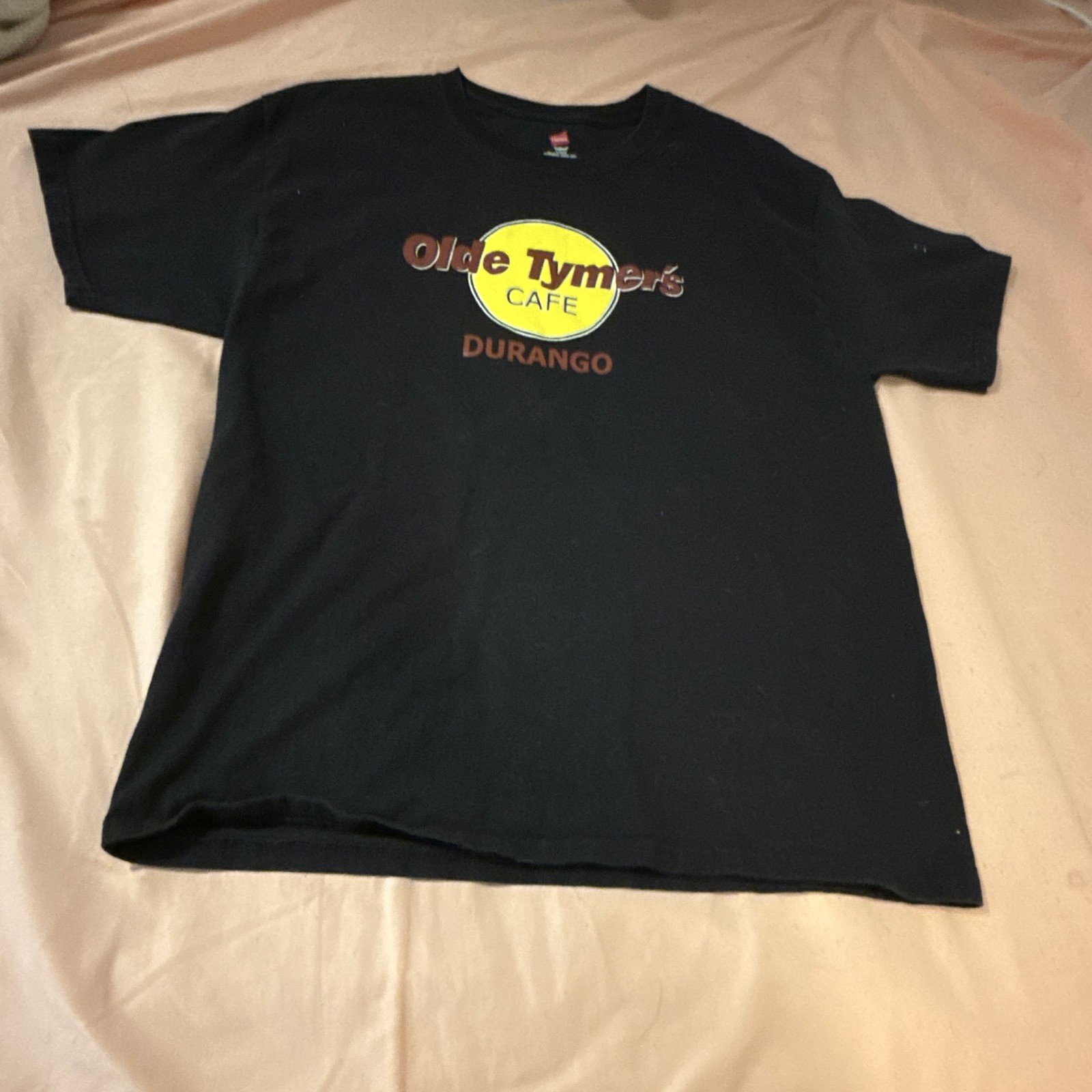 Hanes Tagless Men’s L Black Short Sleeve Crew Neck Graphic Logo T-Shirt Cotton