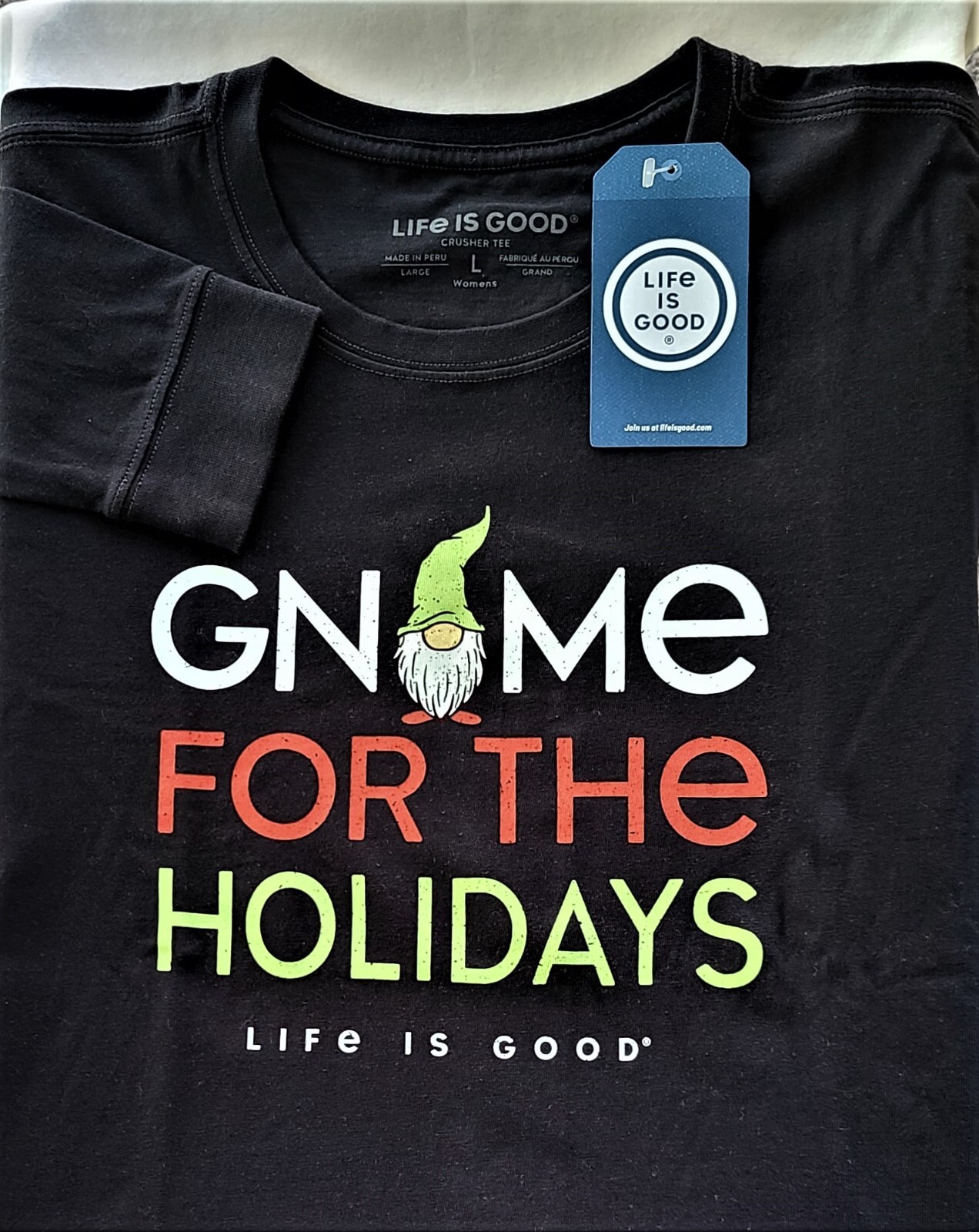 Life Is Good LS Shirt Crusher Tee GNOME FOR THE HOLIDAYS Elf Chest43in Womens L