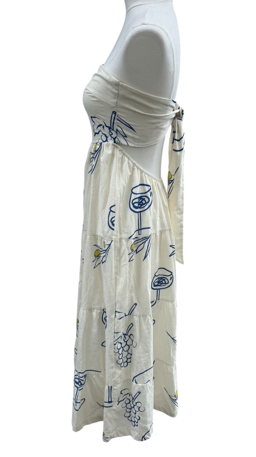 Strapless Martini Print Maxi Dress Small Coastal Vacation Olive Wine Resort Wear