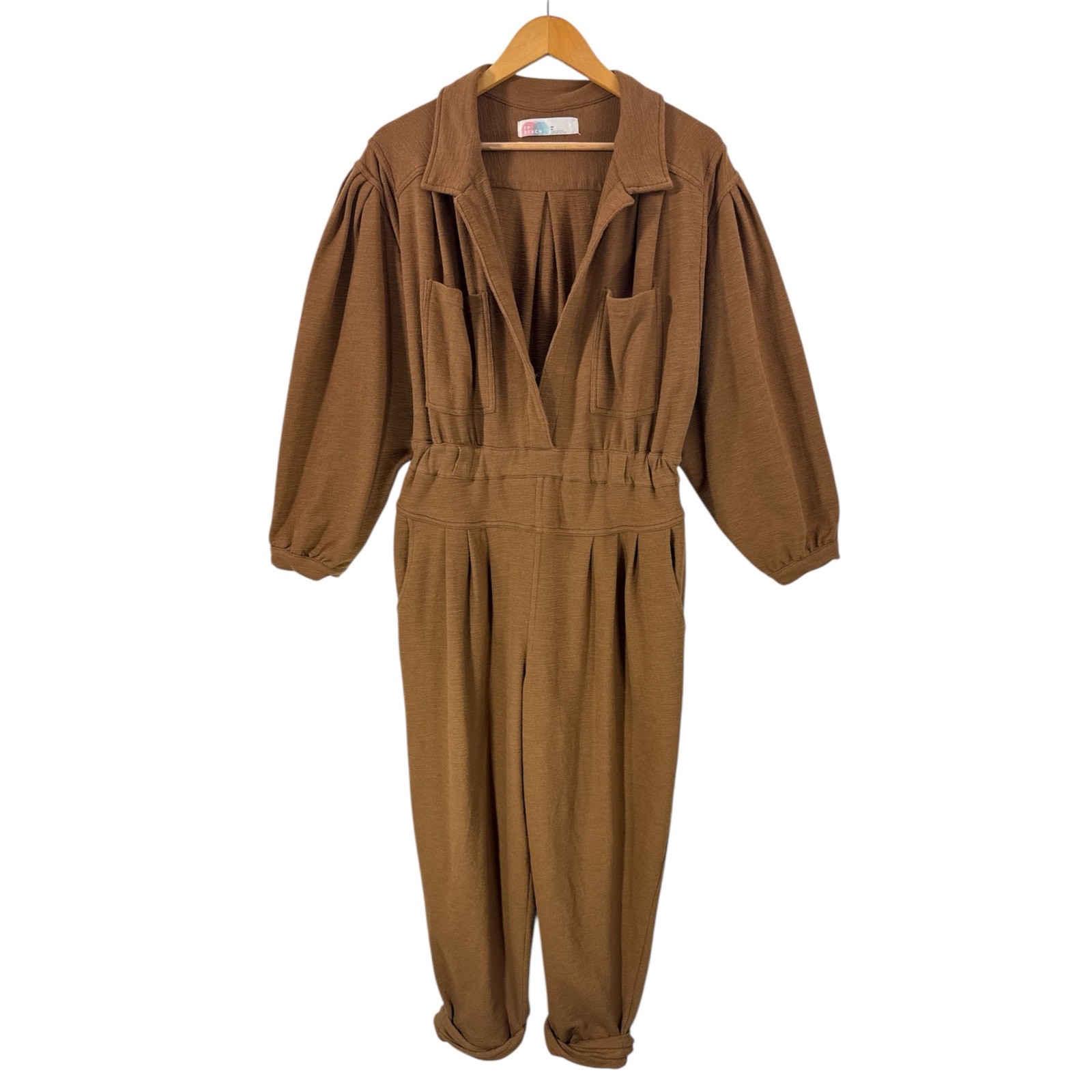 Free People Beach Calico Utility Jumpsuit Brown Boho Pockets Cropped Women’s M