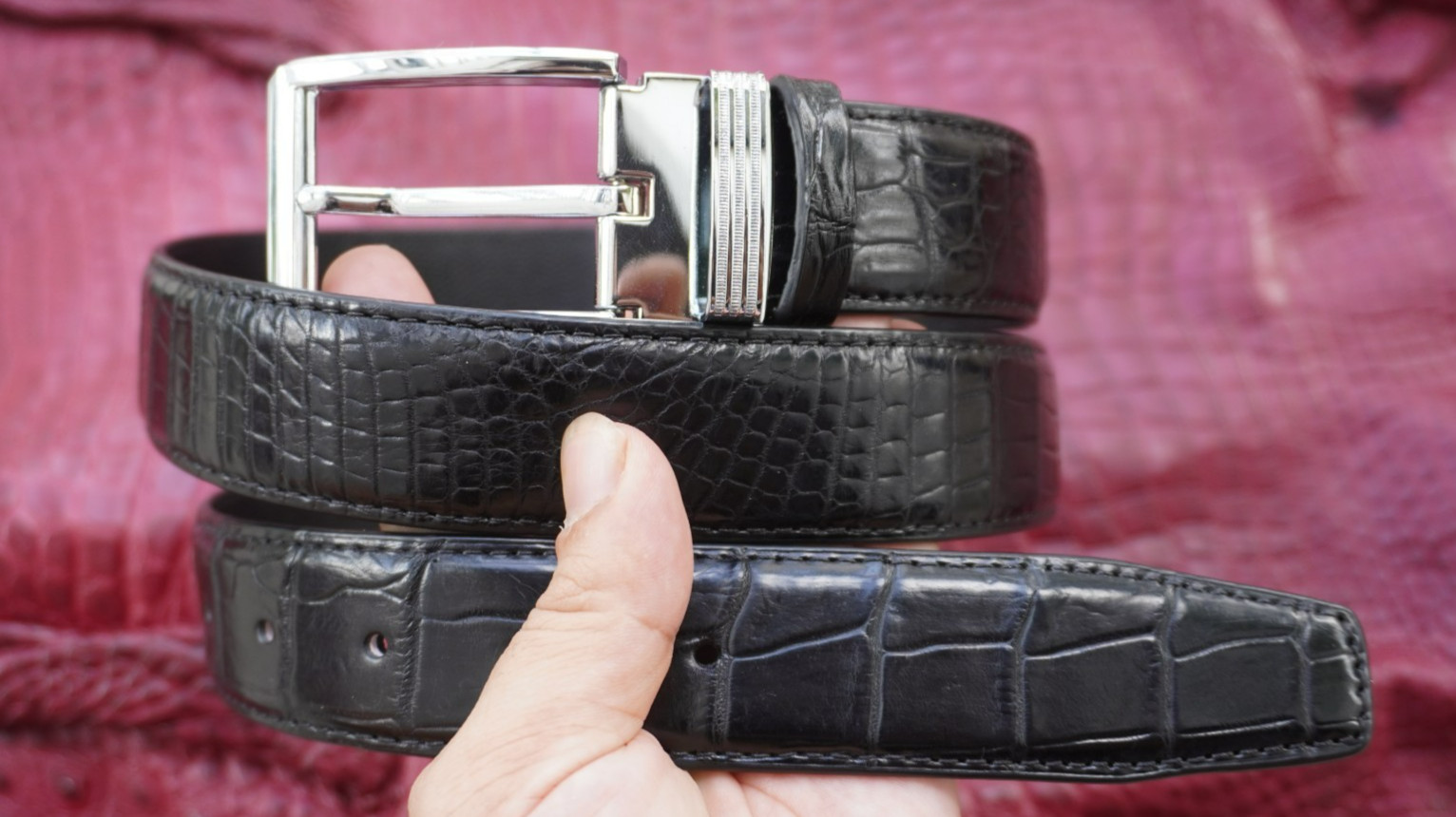 W1.3 inch Black Genuine Crocodile Belly Leather Skin Men’s Belt Plus Buckle #E18