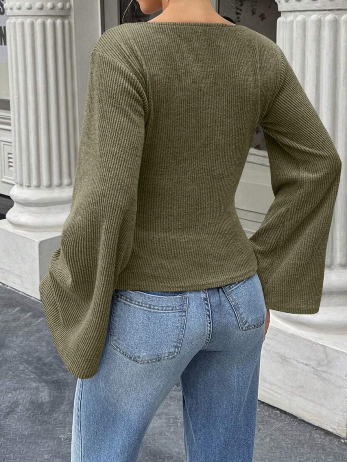 The Pulsar Ribbed & Flared Long Sleeve Top with Ruched Detail