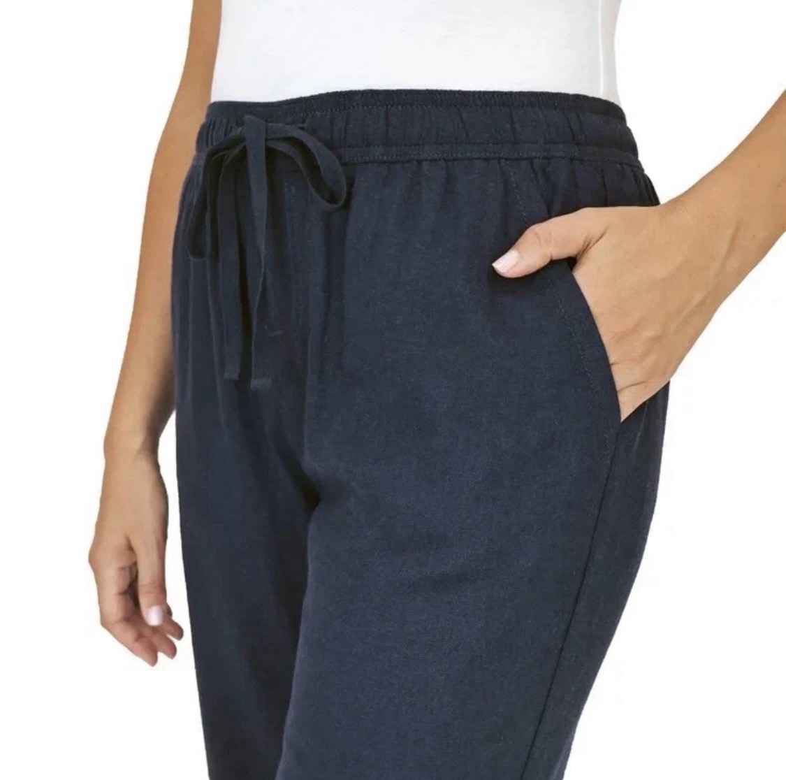 NEW Briggs Womens Navy Blue Linen Blend Wide Leg Drawstring Pants Small S