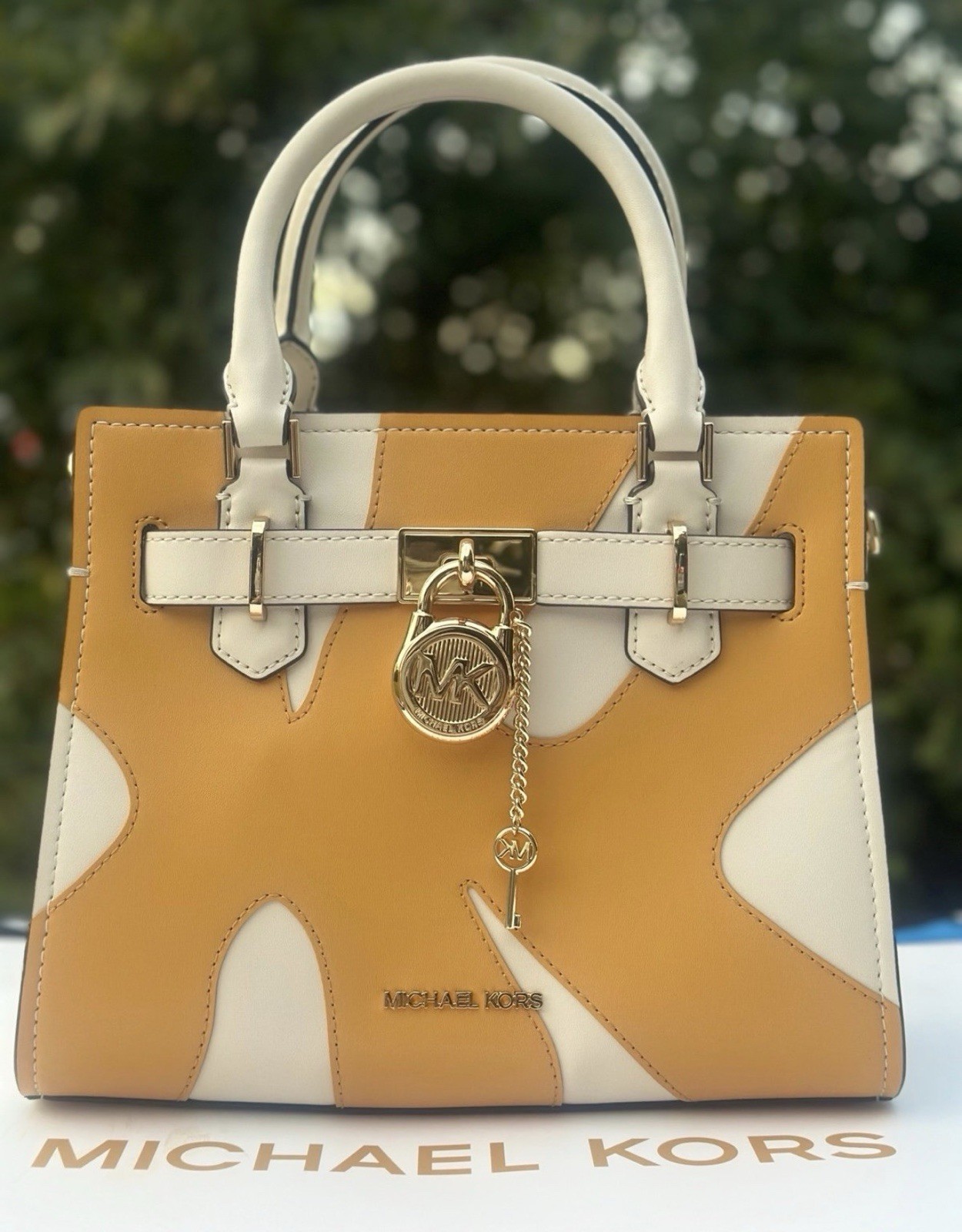 AUTHENTIC Michael Kors Purse Small Hamilton Satchel Patch Work Golden Rod NWT