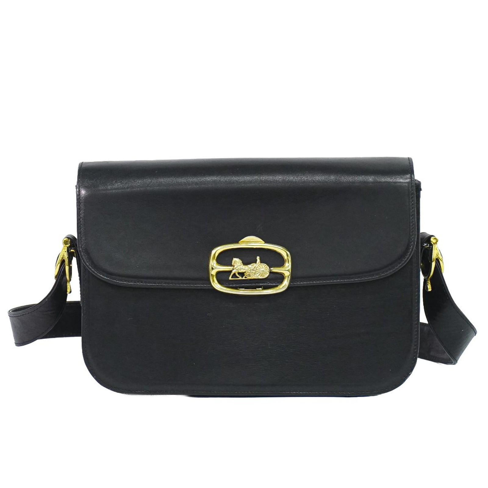 CELINE Horse Carriage Hardware Leather Shoulder Bag Black Gold