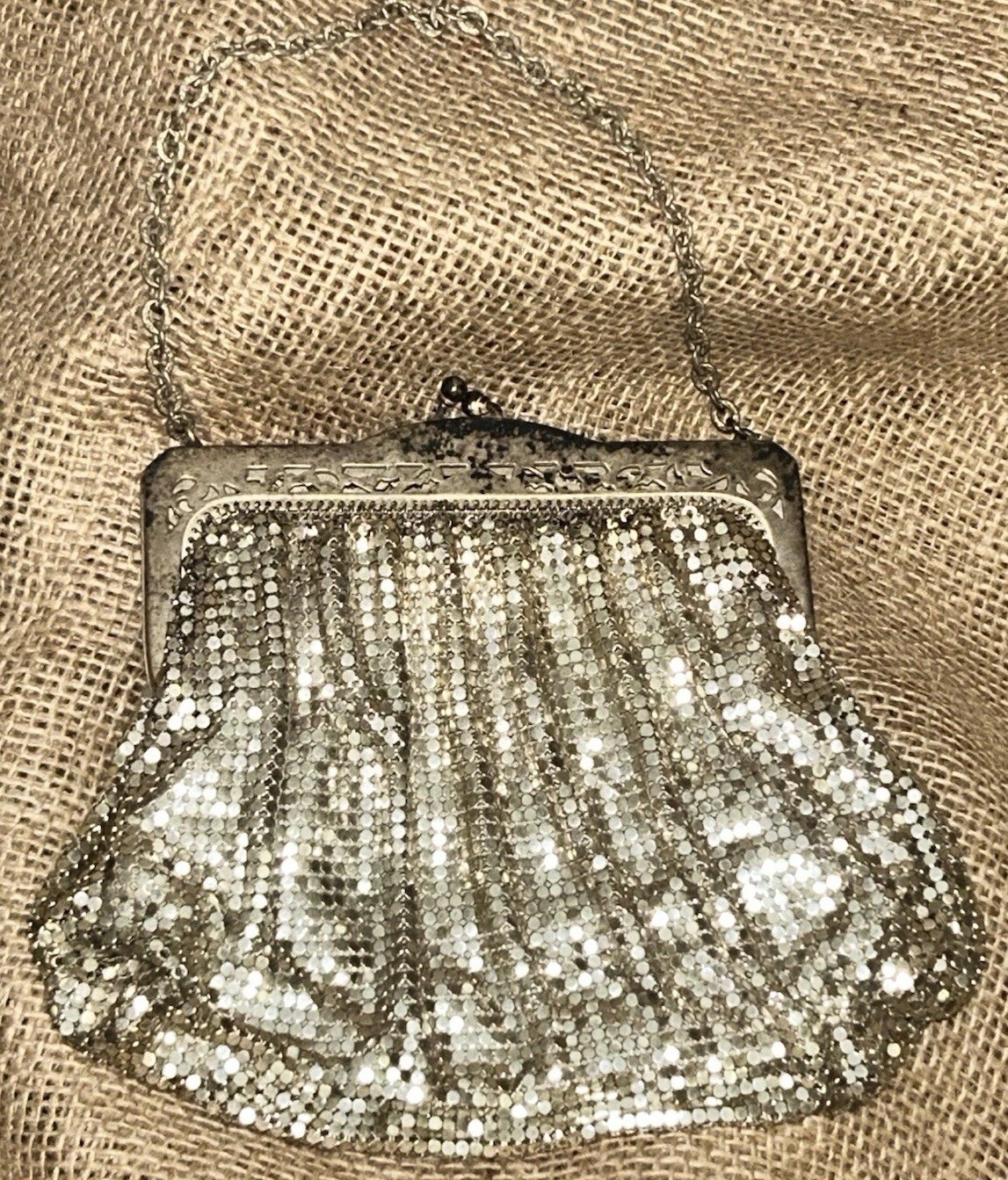 VTG Whiting & Davis SILVER MESH CHAIN BAG Kisslock Purse 6.5”W 10.25”T Lined USA
