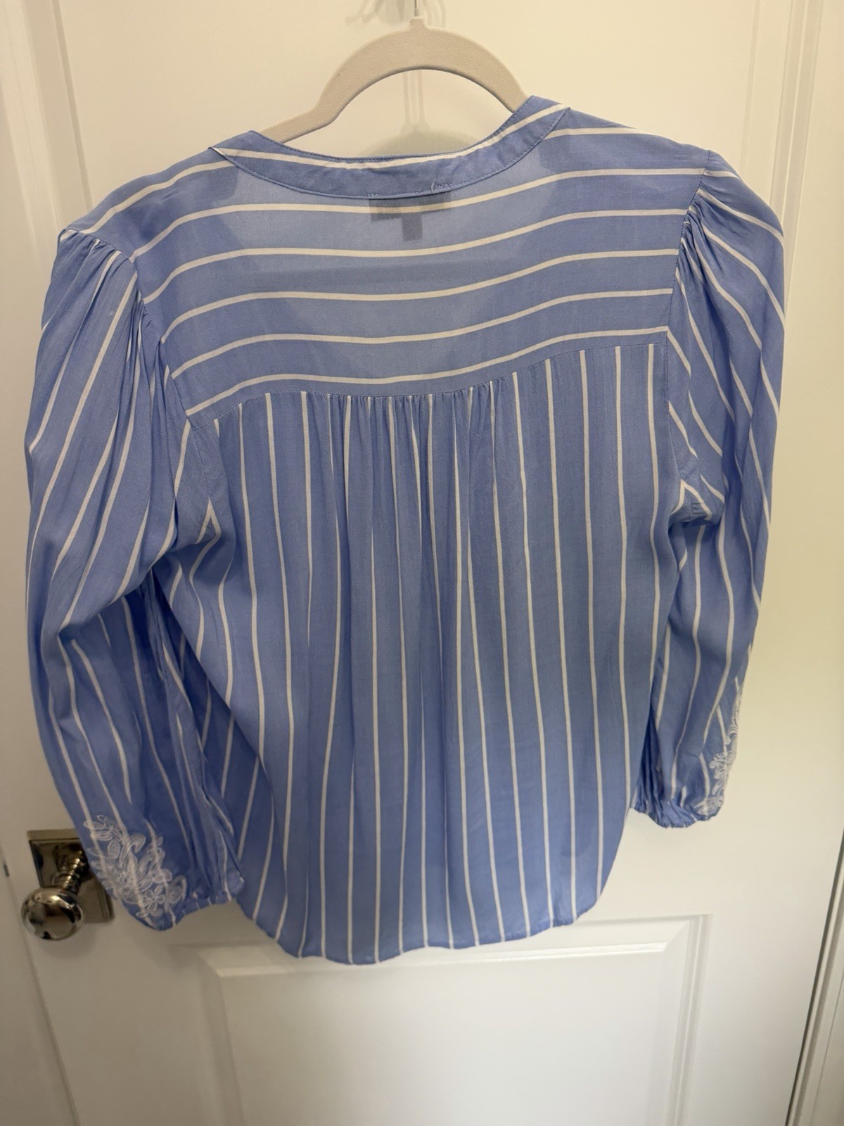Hester & Orchard Blue/White Striped V-Neck Blouse Lace Trim Embroidered 3/4 M