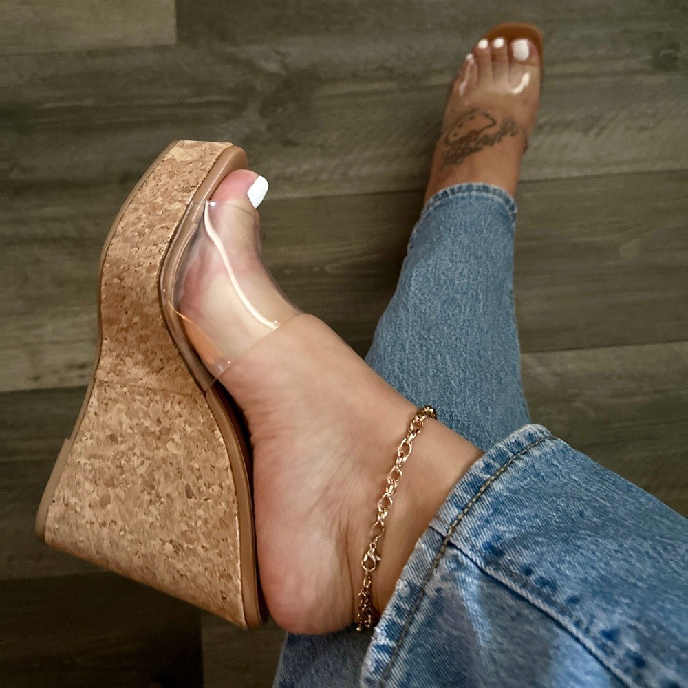 NEW Transparent Clear Open Toe Cork Platform Wedge High Heel Slide Sandal Mules