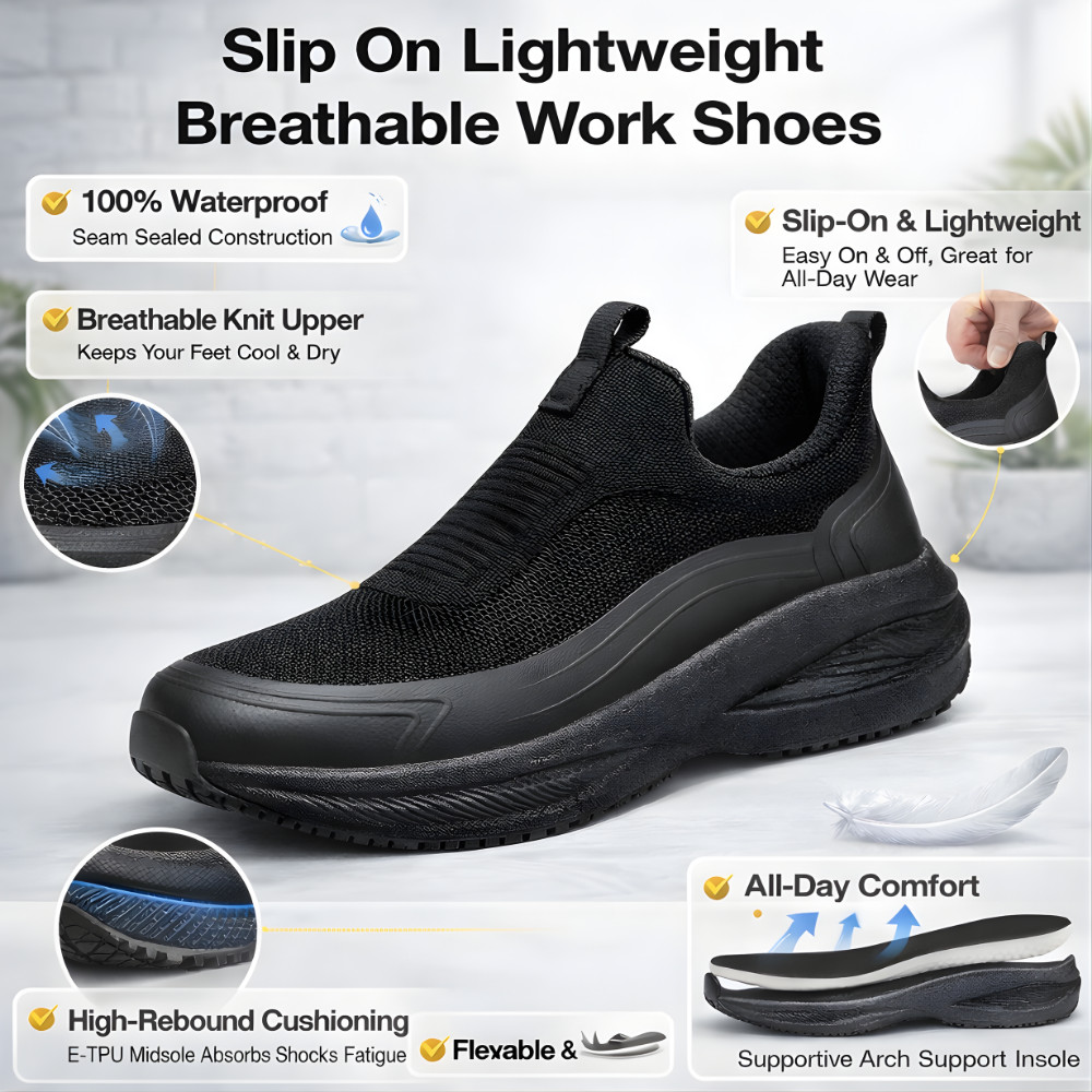 Non Slip Work Shoes Men Waterproof Black Chef Restaurant Slip On Sneakers Arch