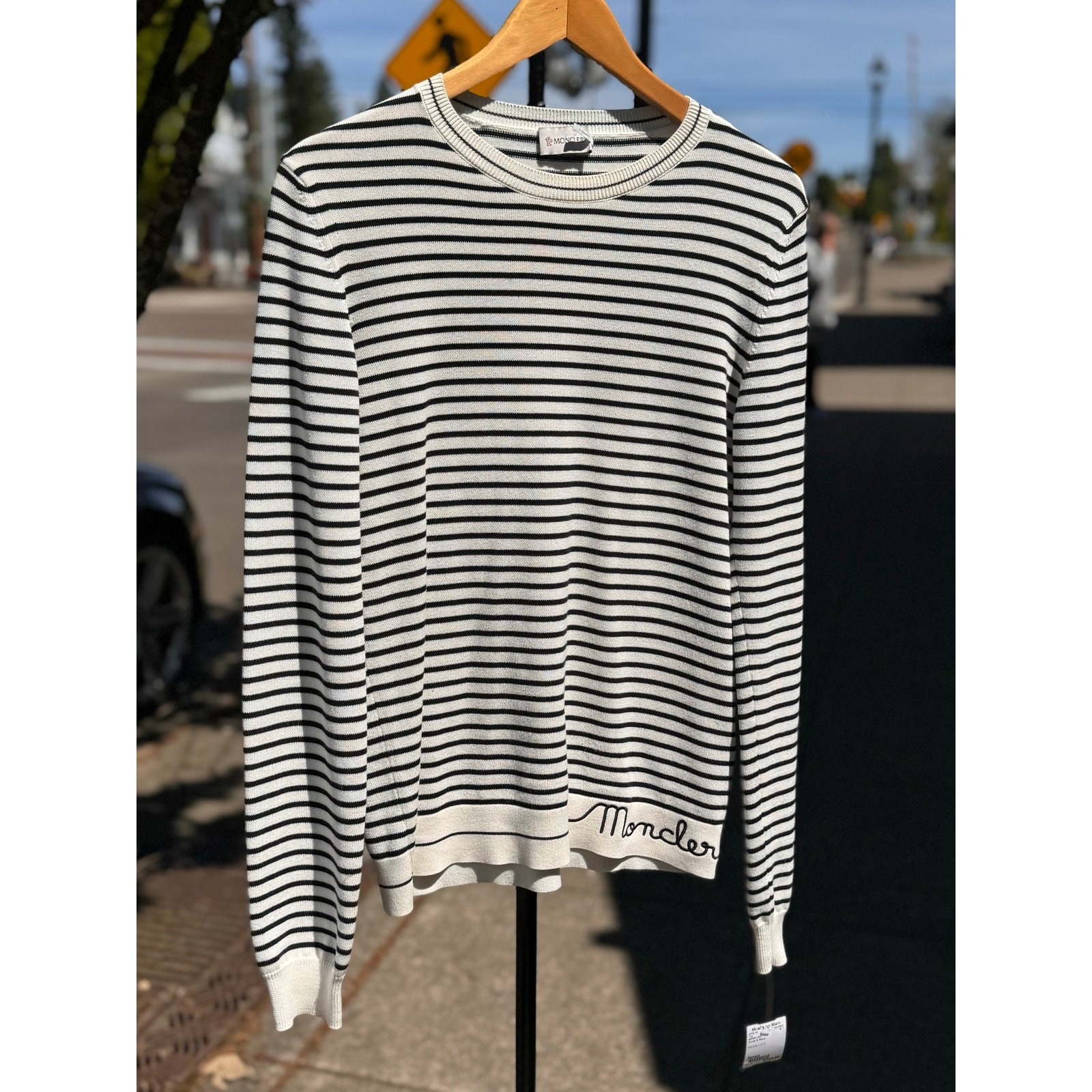 MONCLER Striped Logo Embroidered 100% Cotton Knit Pullover Sweater Top Small