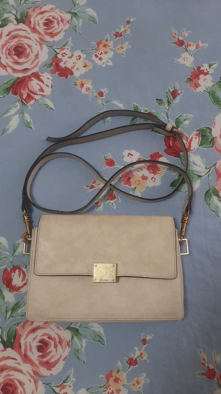 Vintage CELINE Color of Ivory Leather & Suede Rectangular Medium Top Bag W/Strap