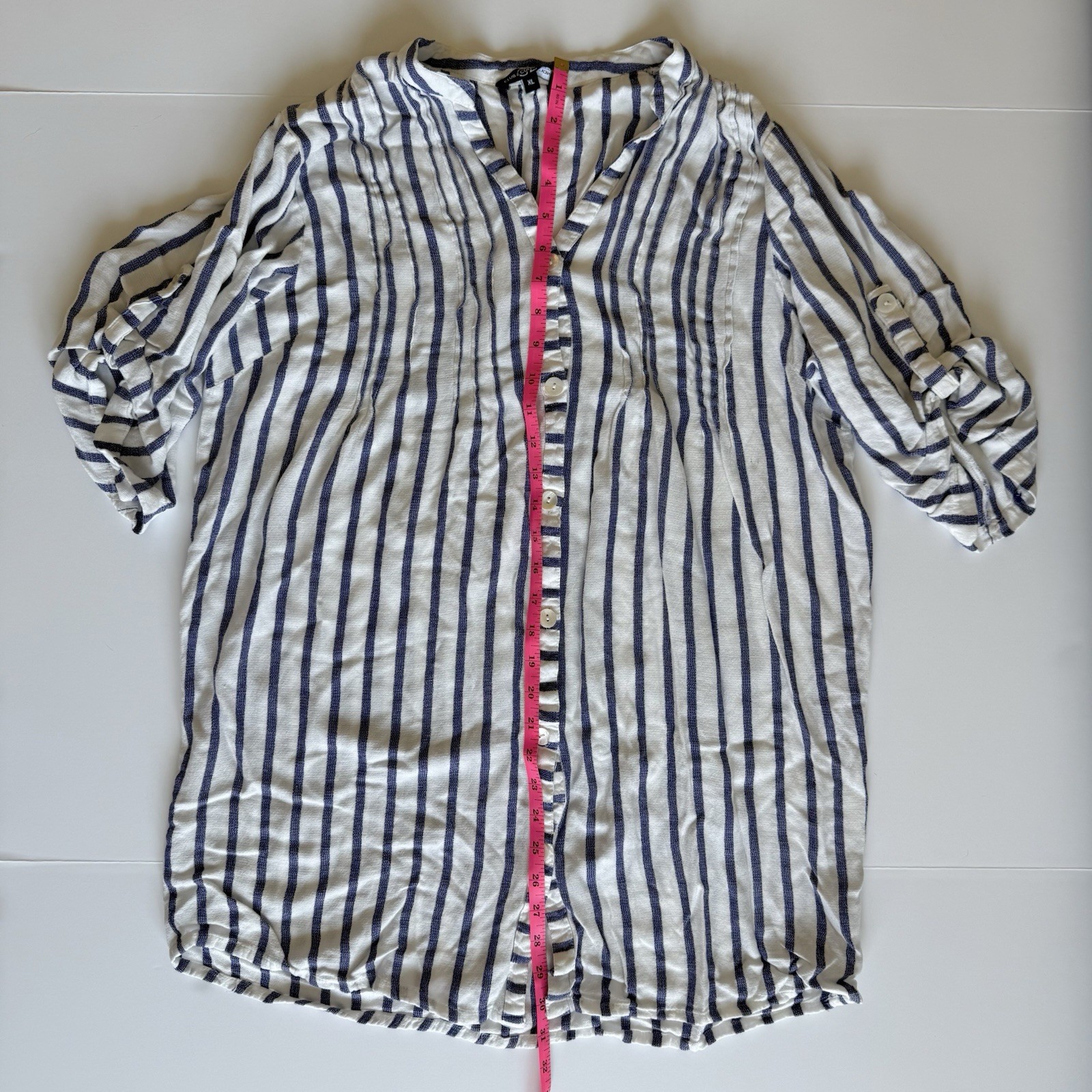 Club Z Collection Striped Tunic Blouse XL Blue White Coastal Beach Linen Look