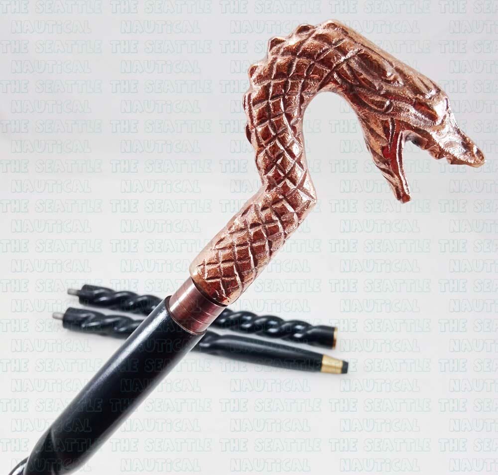 Copper Finish Designer Snake Dragon Handle Wooden Walking Stick Handmade Cane