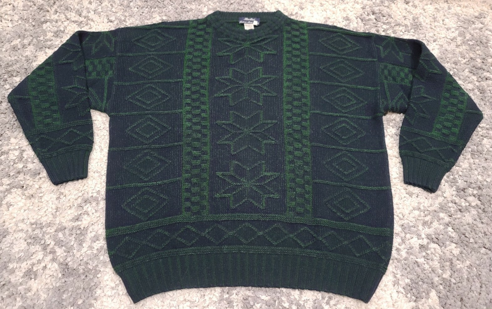 VTG Barbieri Knitwear Italy Fair Isle Knit Sweater Men XL Green Blue Wool Blend