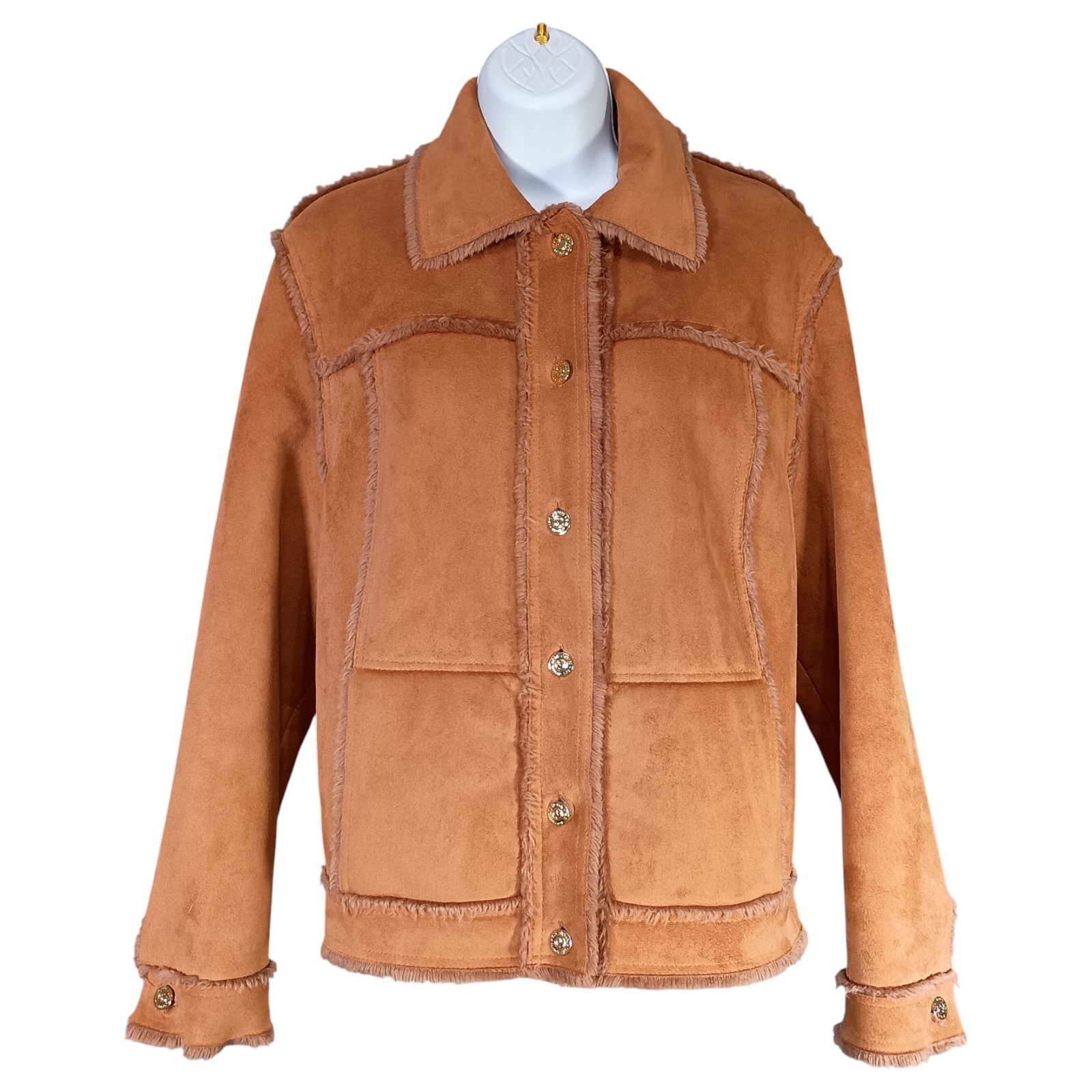 St. John Marie Gray Coat S Womens Brown Overcoat Faux Suede Pockets Shearling