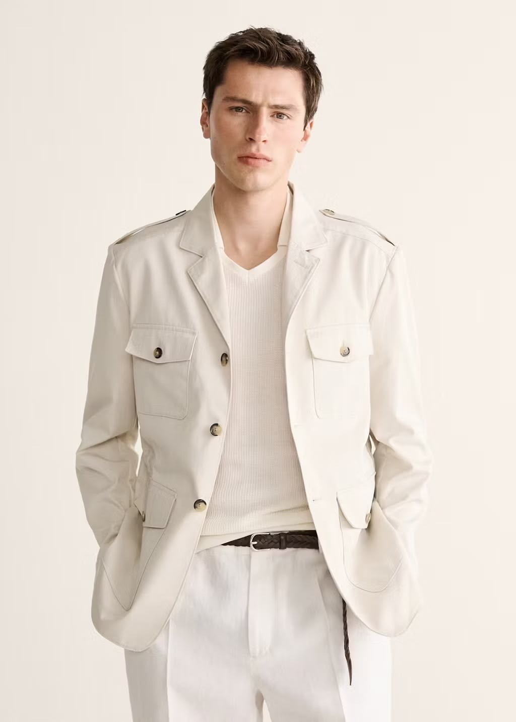 Mens Casual Safari Jacket 2Pcs White Leisure Wear 4 Pockets Business Formal Coat