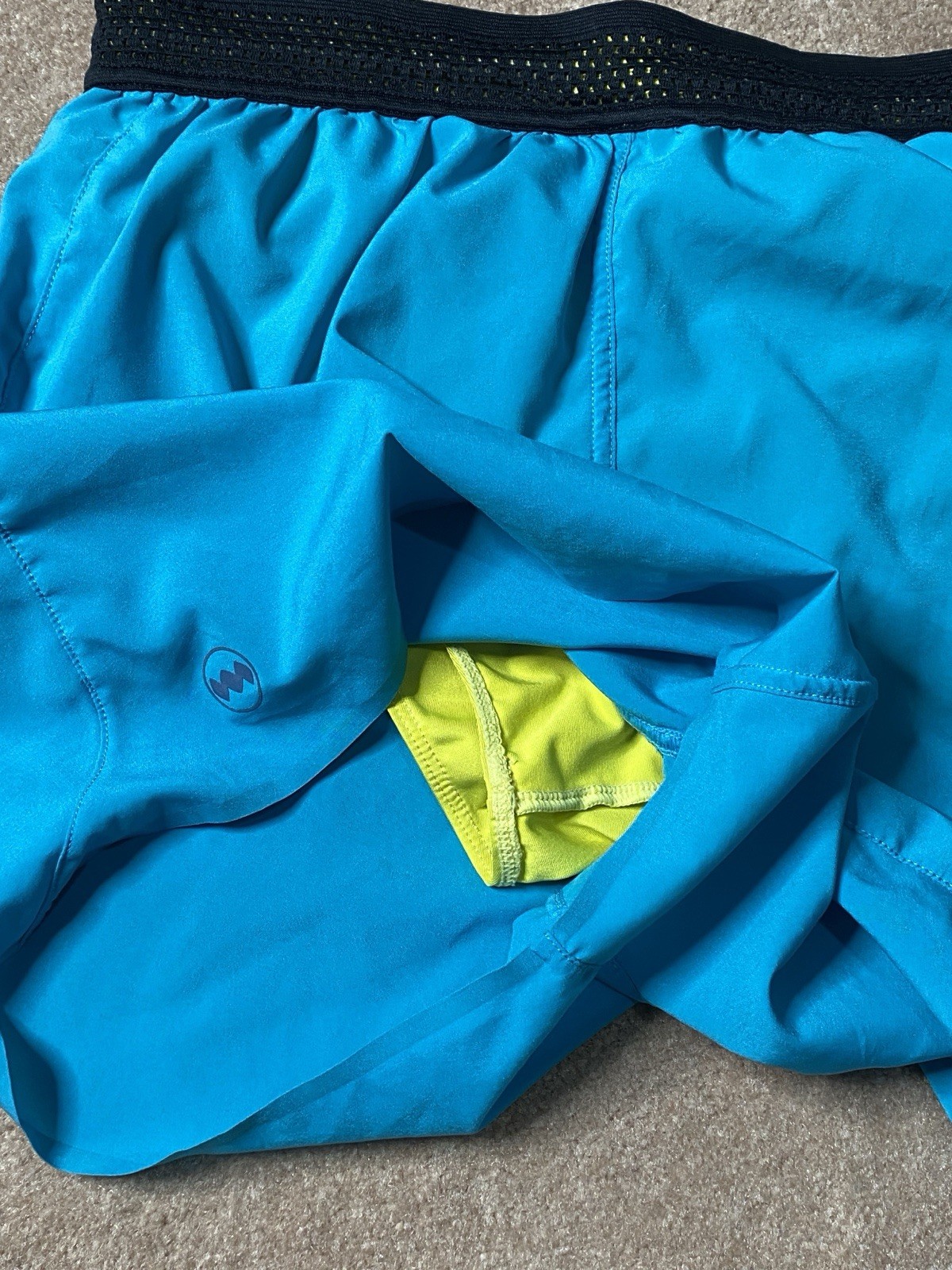 Janji AFO Middle Running Shorts Mens Medium Blue-Neon Yellow Liner 5” InseamEUC