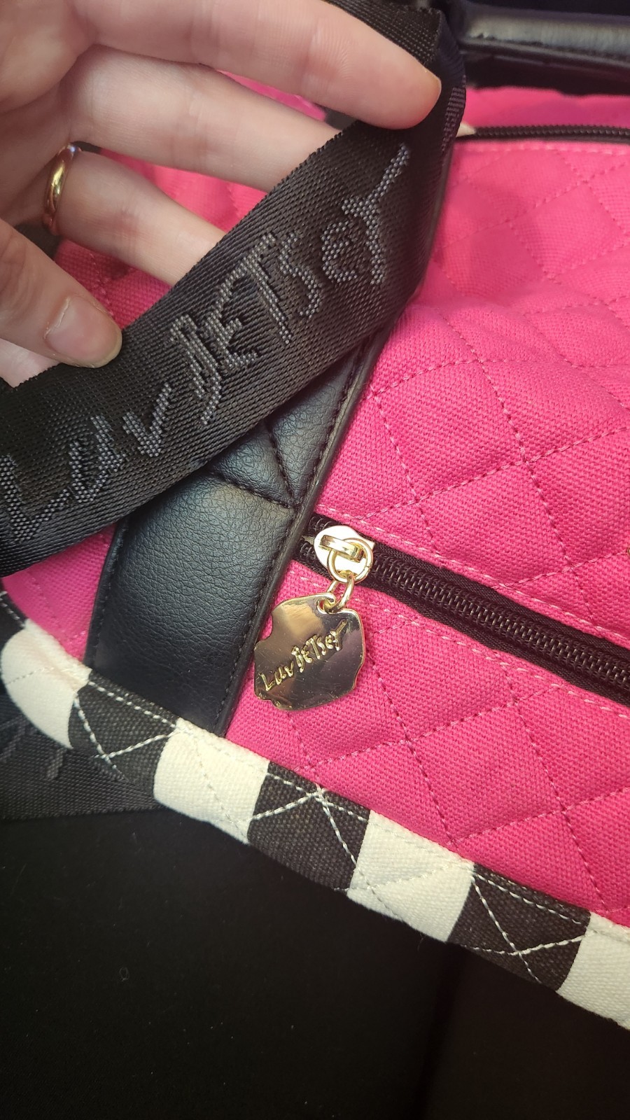 Betsey Johnson Pink/Black/White Colorblock Satchel Heart Charm Zip Lined Pockets