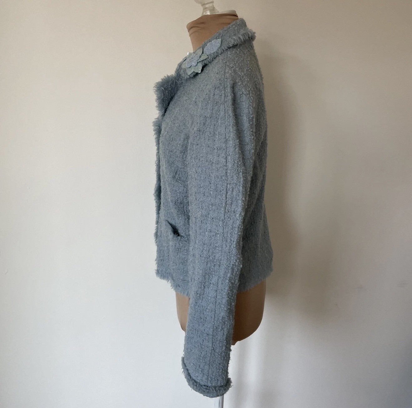 Moschino Blue Virgin Wool Tweed Bead Embellished Lapel Evening Jacket Blazer 4