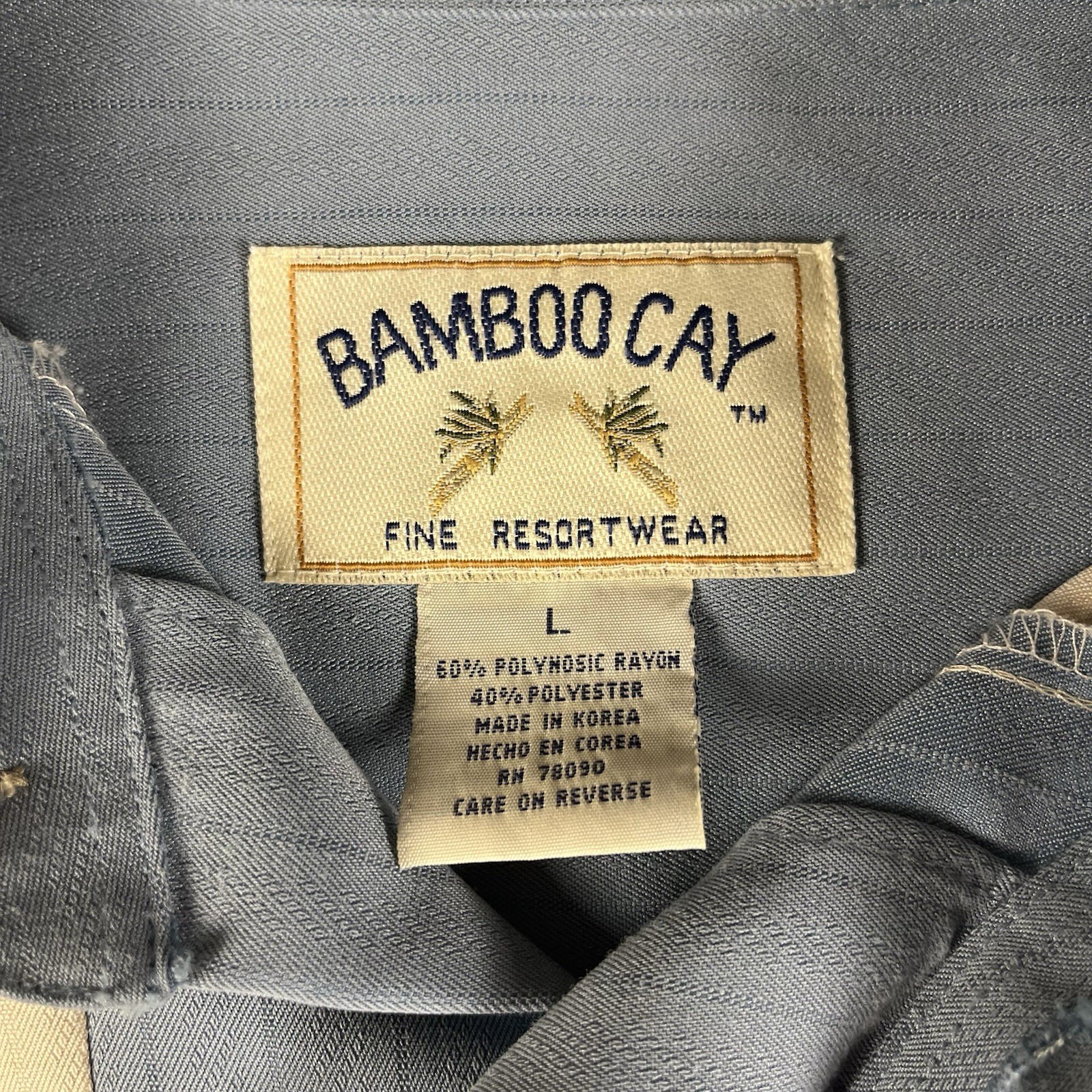 Bamboo Cay Men’s Shirtt With Palm Trees Embroidered – Blue/Cream. Large