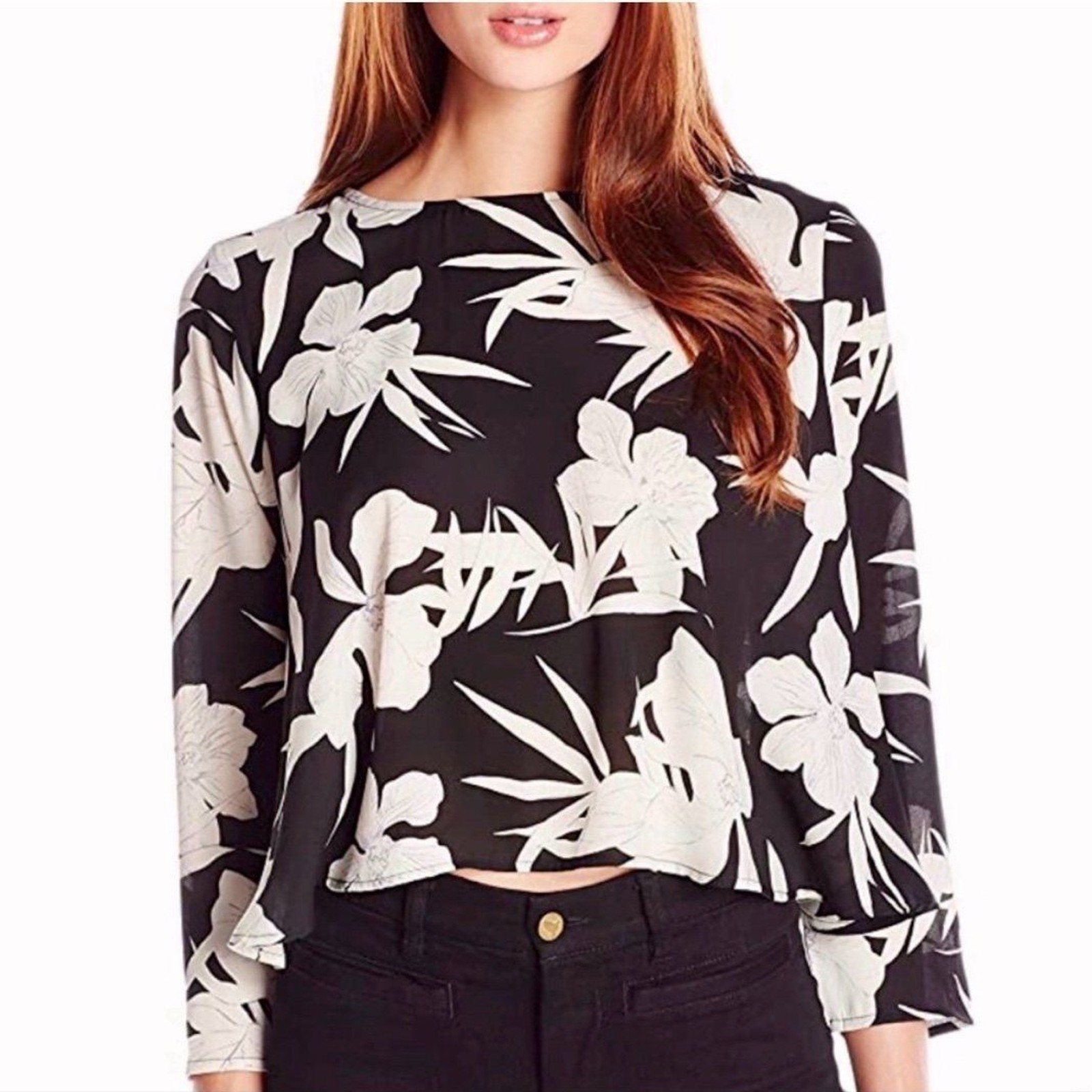 Show Me Your MuMu Claudia Black and White Floral Cropped Shirt M