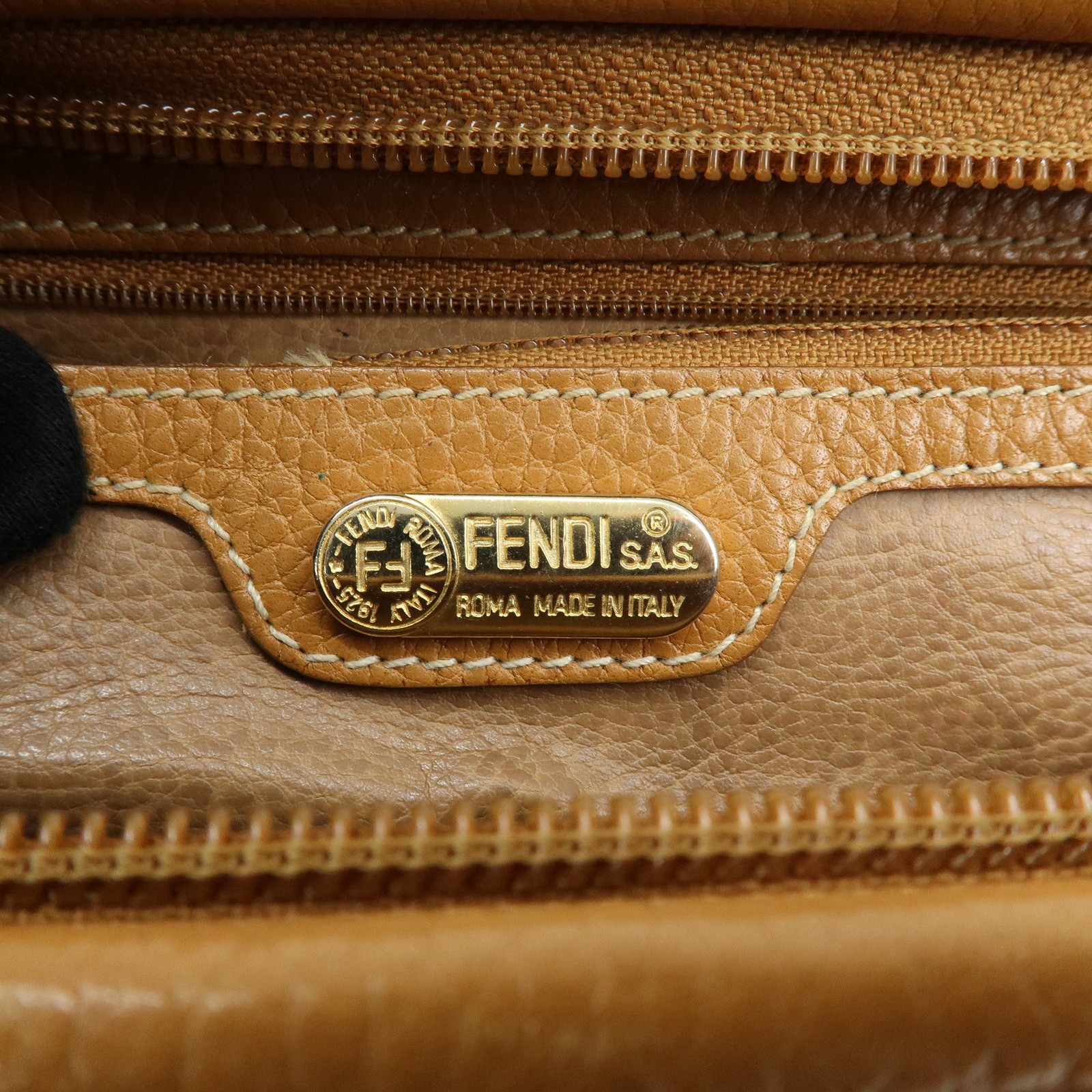 FENDI FF Logo Leather 2Way Bag Hand Bag Boston Bag Camel Authentic Used F/S
