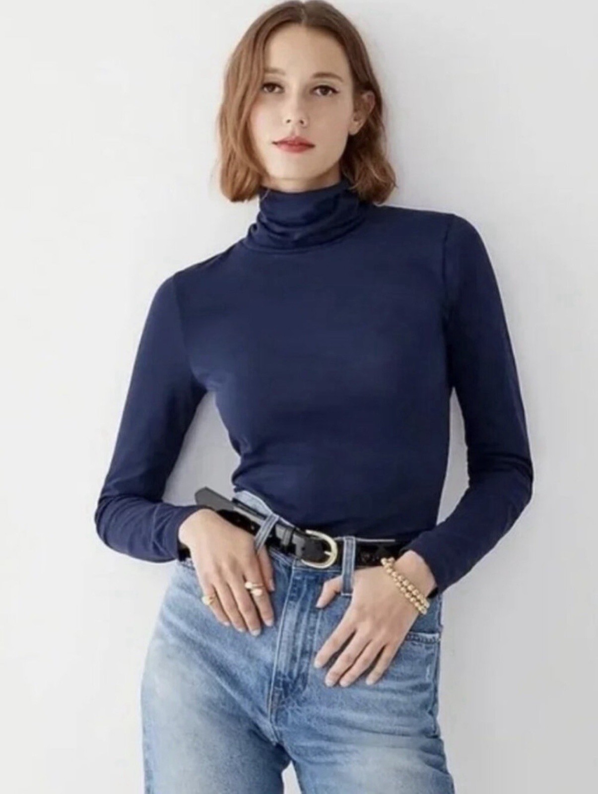 J.CREW Women’s 100% Cotton Crepe Turtleneck Long Sleeve Pullover Navy Size S