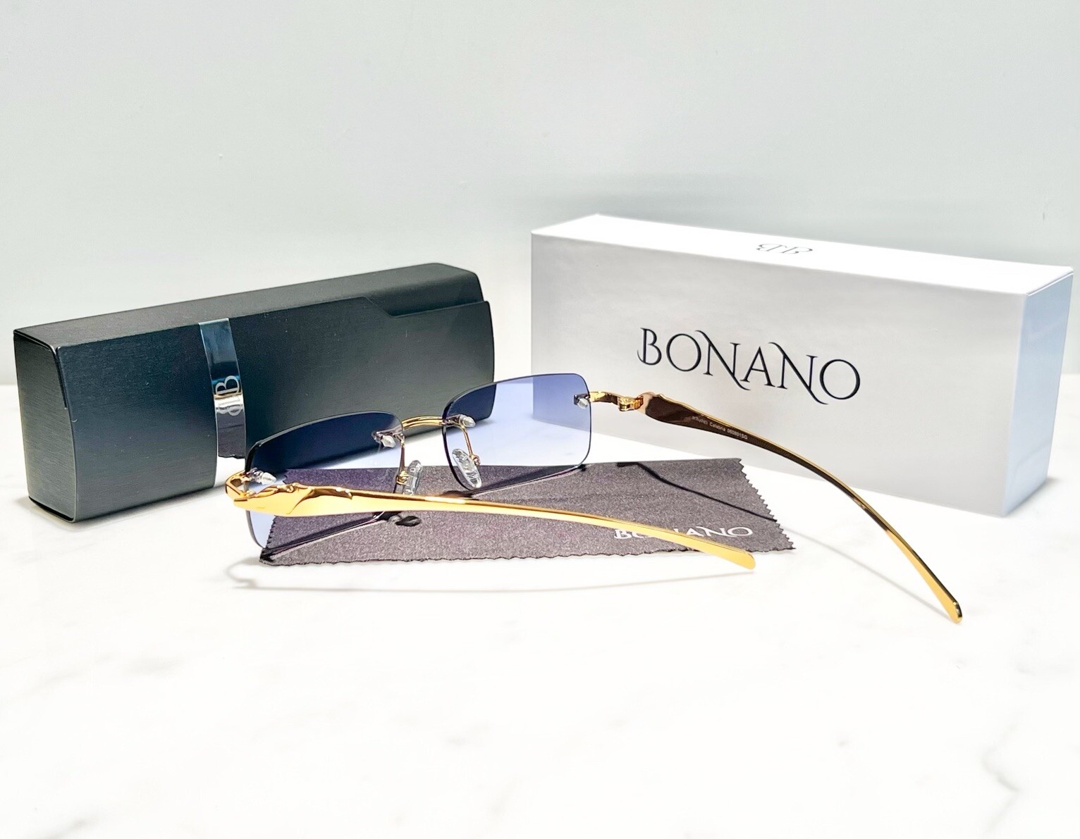 Bonano Glasses Sunglasses Panther Big C Diamond Cut Blue Lens Buffalo Horn Woods