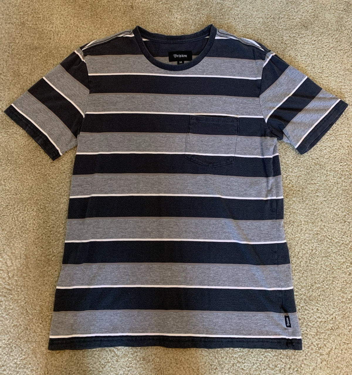 Brixton Men’s Striped Crew Neck Short Sleeve T-Shirt Size M Gray Blue White