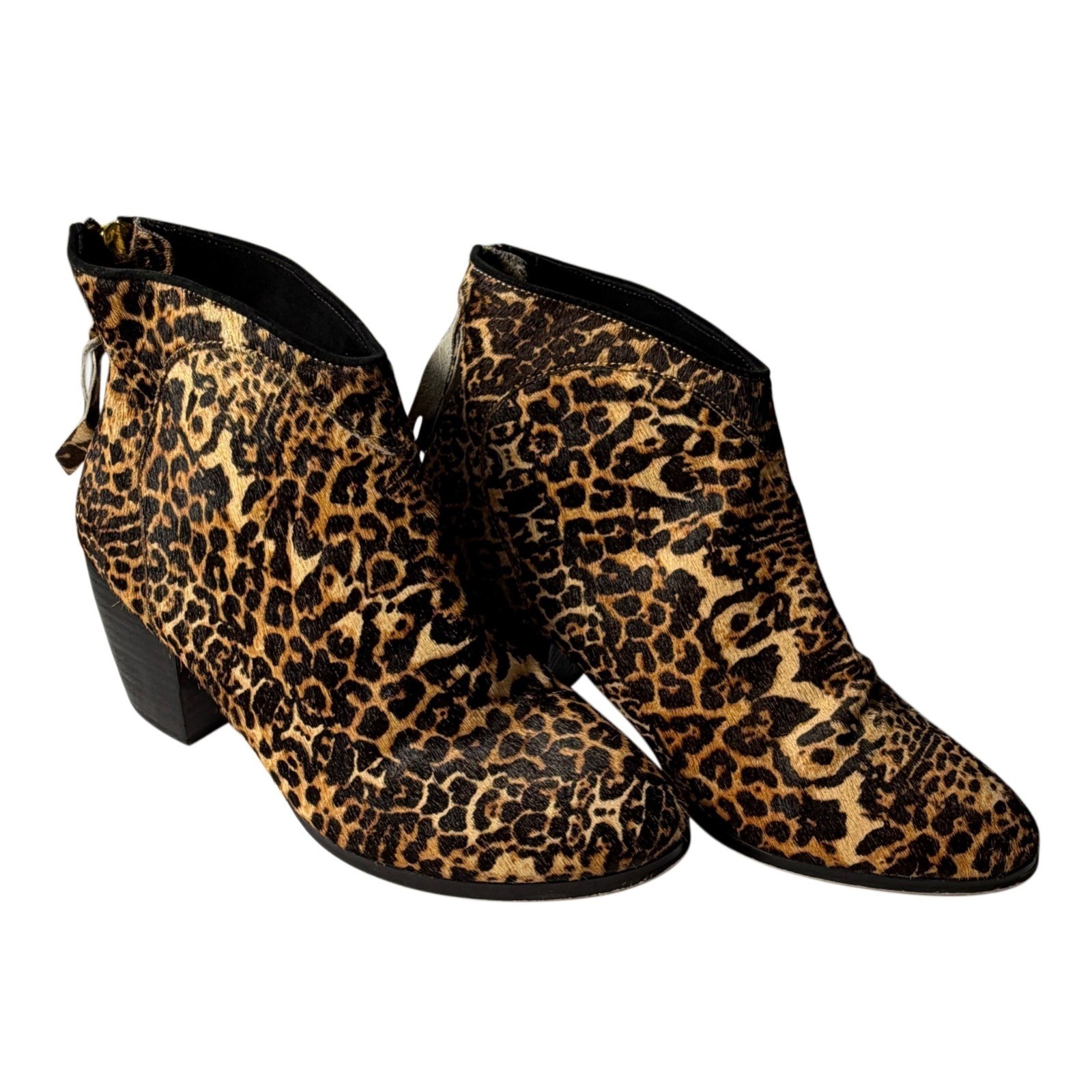 Cynthia Vincent Dane Leopard Boots Hair Calf Leather Ankle Bootie Block Heel 7M