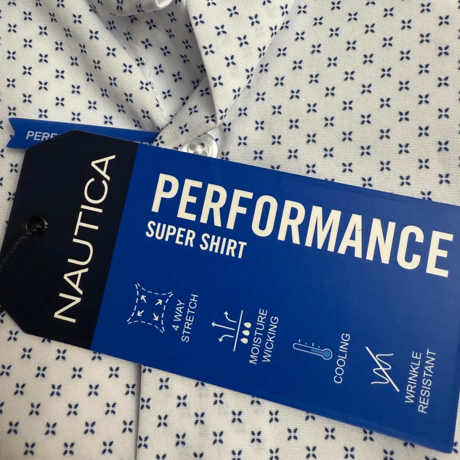 Nautica Mens Slim Fit Performance Dress Shirt Blue Geo Print Long Sleeve Size L