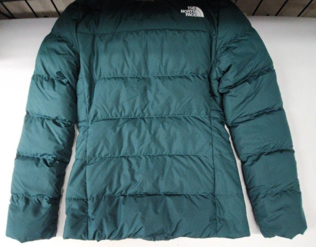 The North Face Puffer Jacket Womens Size S Green Hooded Faux Fur Trim Insulated