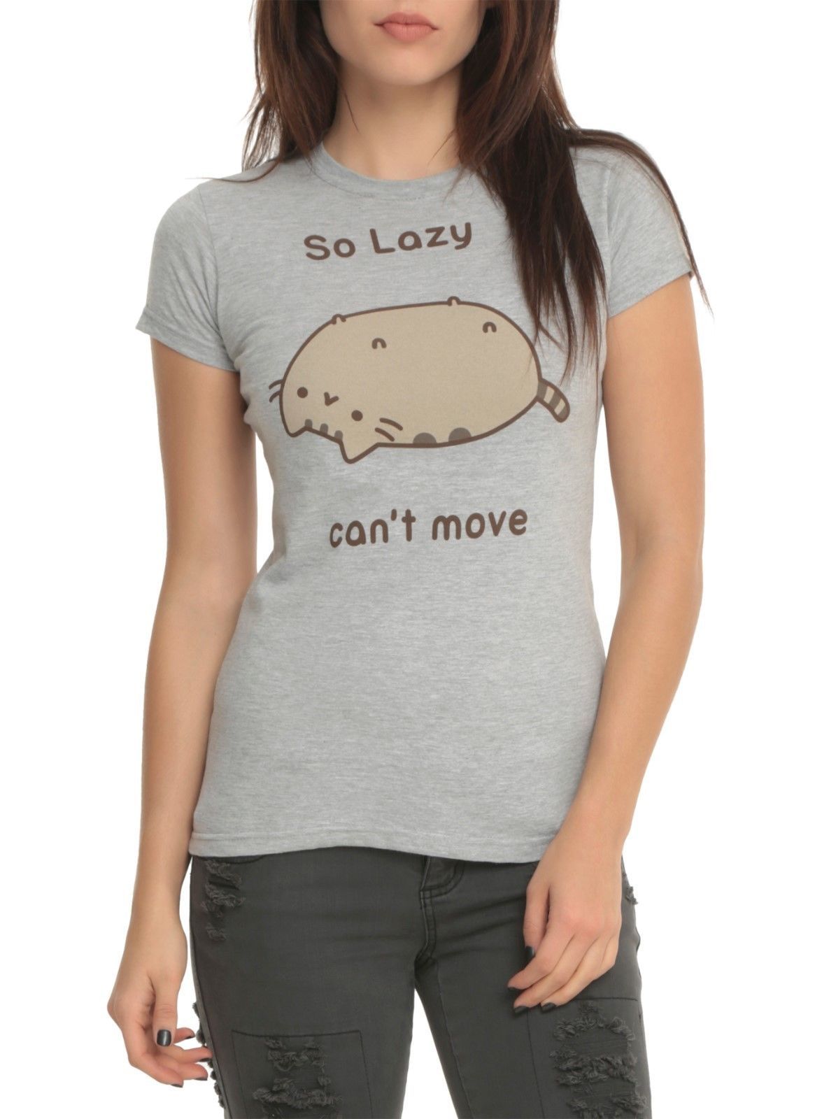 Pusheen The Cat SO LAZY CAN’T MOVE Girls Junior T-Shirt Grey NWT XS-2XL