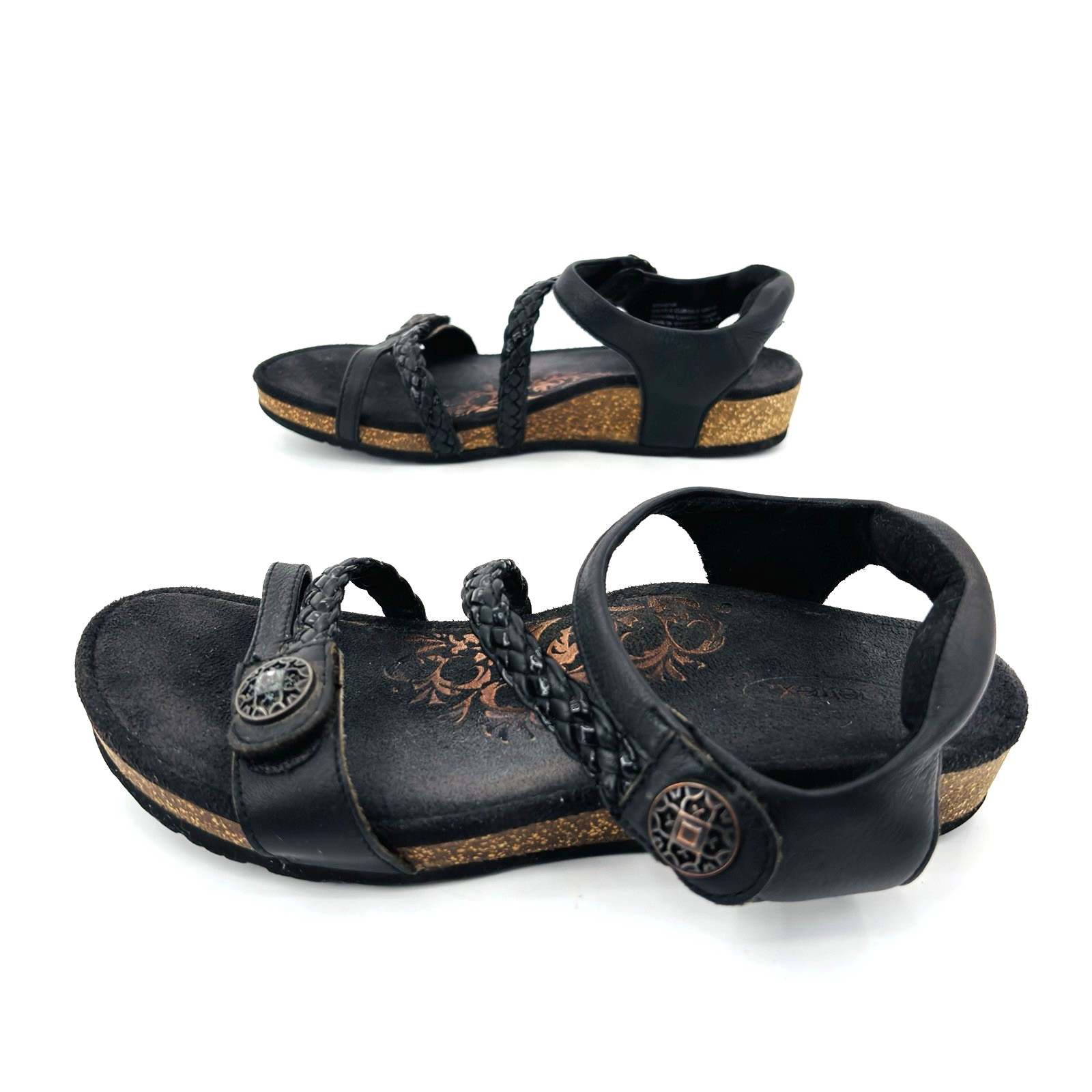 Womens 8 Aetrex Jillian Black Leather Wedge Sandals Braided Slingback SC450W